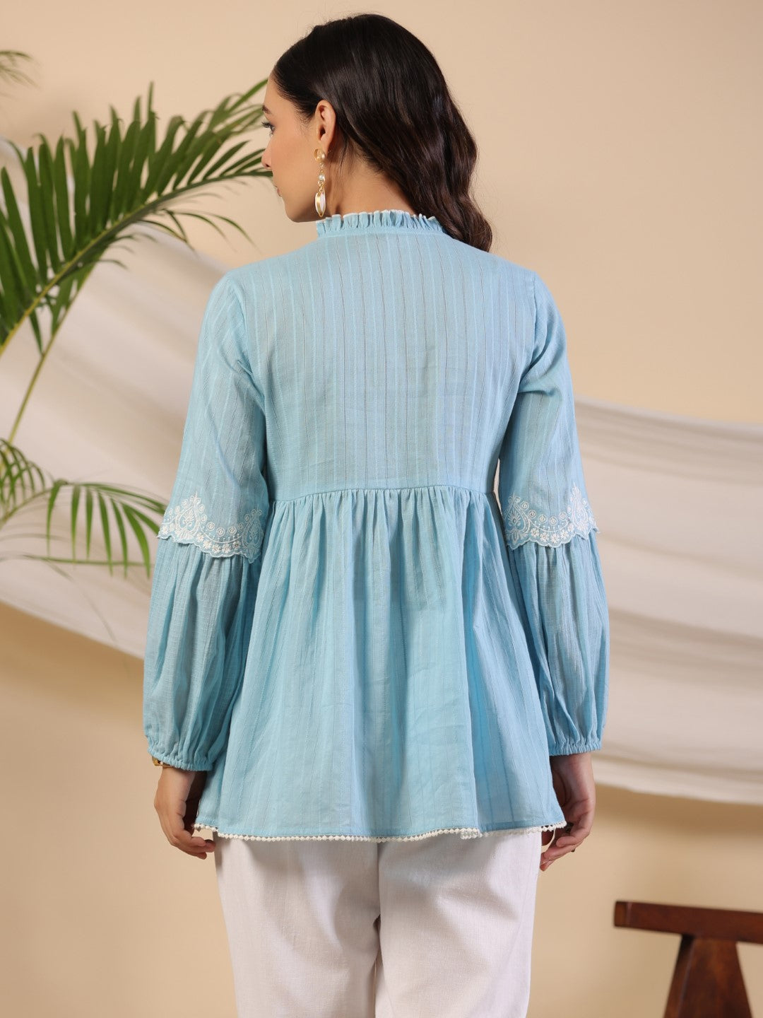 Juniper Women Blue Cotton Dobby Solid with Embroidered Peplum Tunic