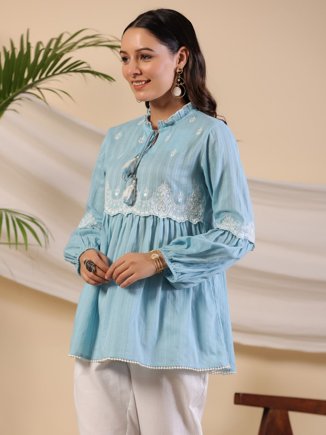 Juniper Women Blue Cotton Dobby Solid with Embroidered Peplum Tunic