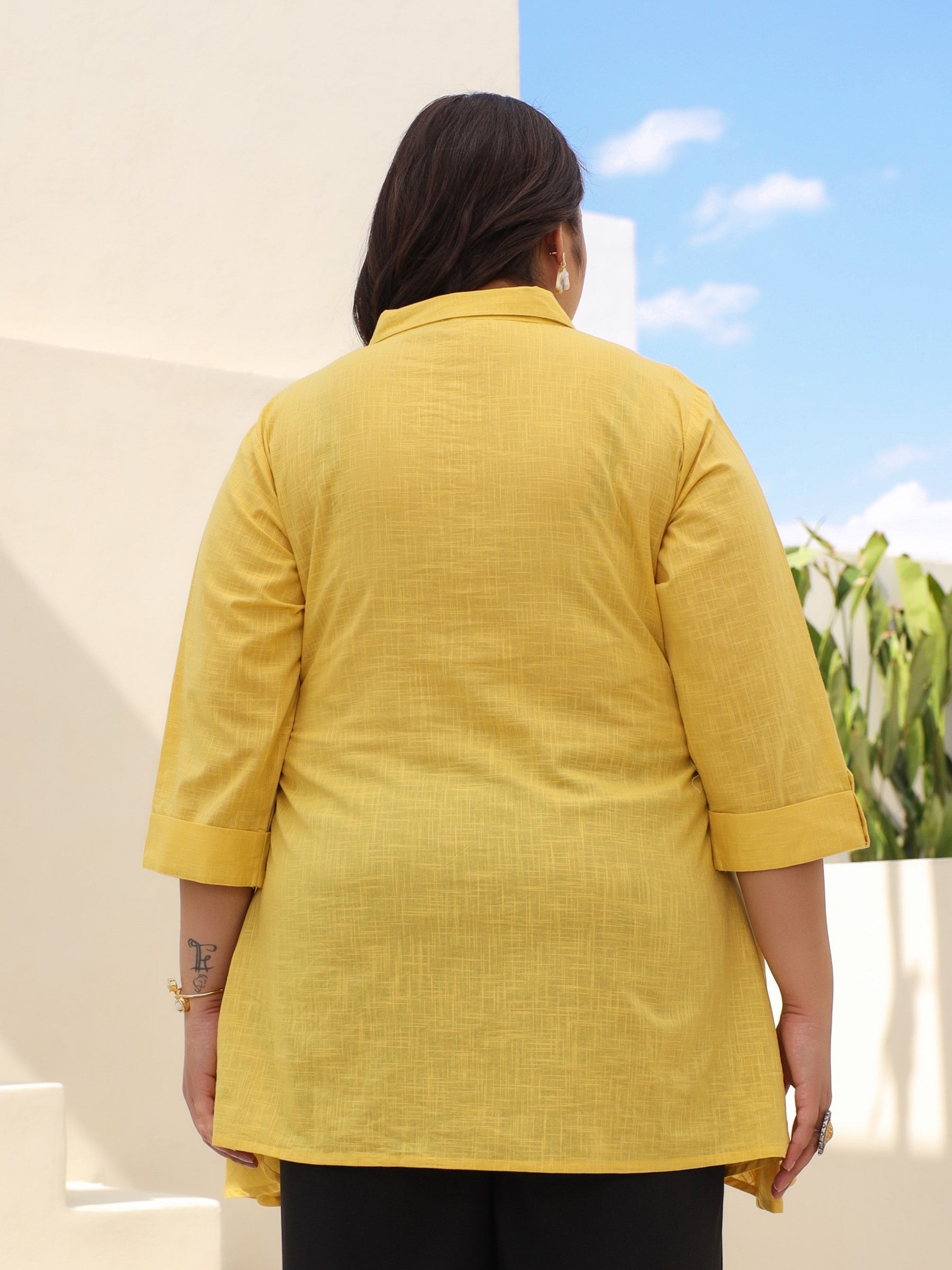 Yellow Cotton Slub Plus Size High-Low Tunic With Embroidery