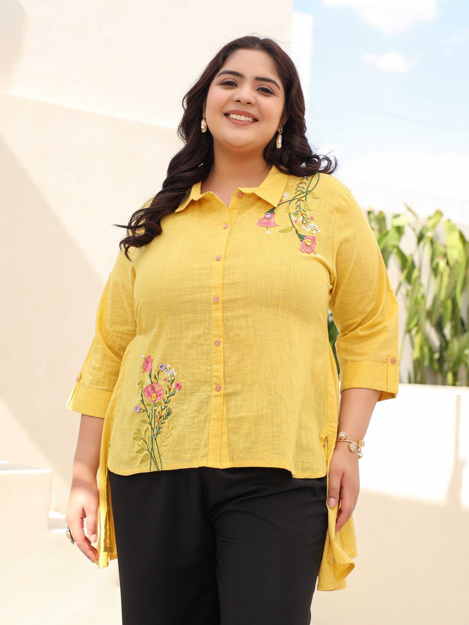 Yellow Cotton Slub Plus Size High-Low Tunic With Embroidery