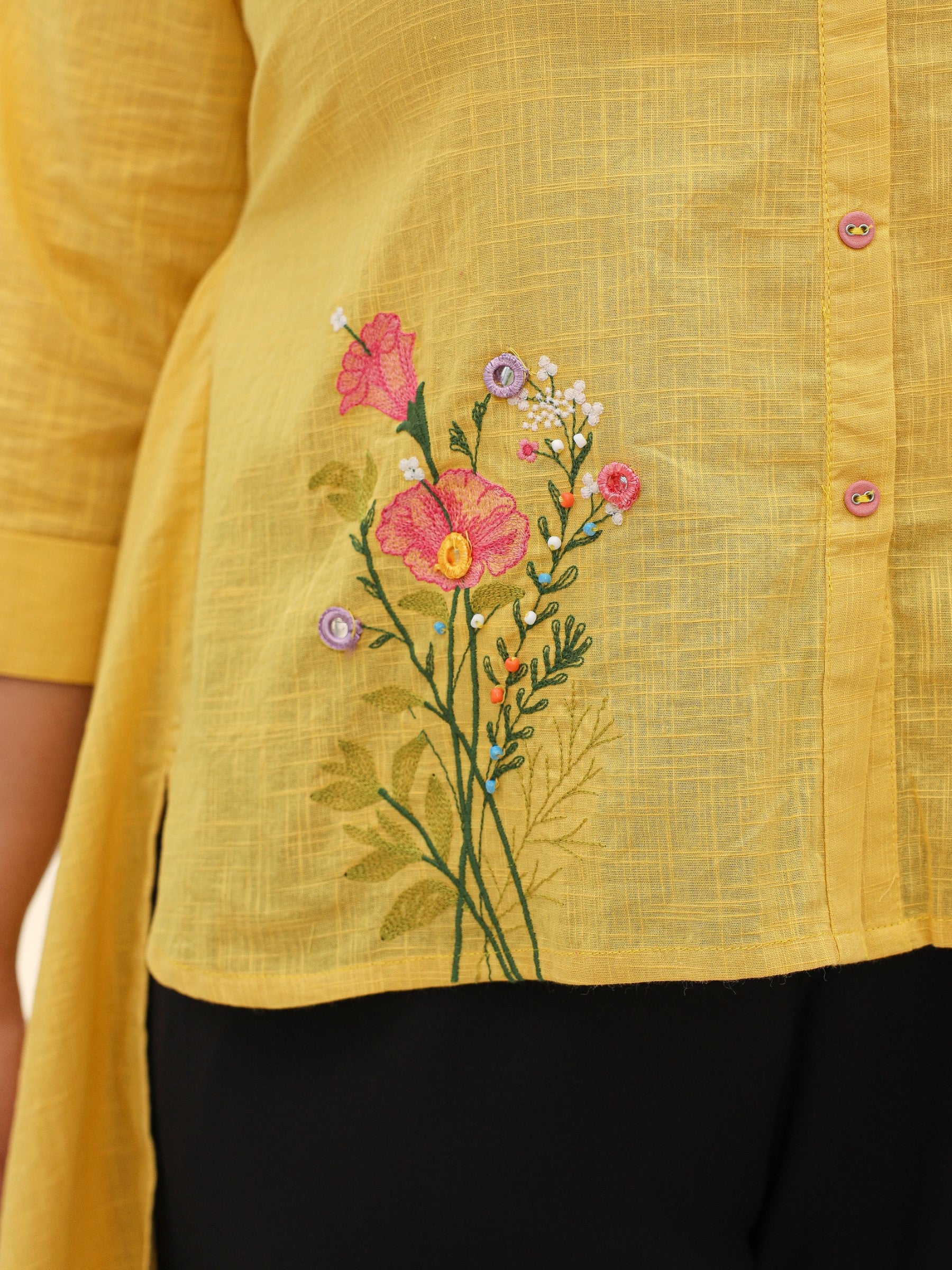 Yellow Cotton Slub Plus Size High-Low Tunic With Embroidery