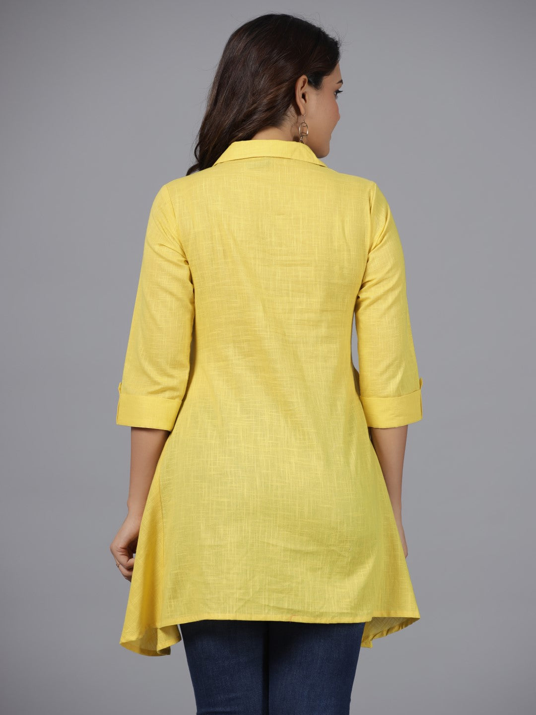 Juniper Women Cotton Slub Yellow Solid with Embroidered High-Low Tunic