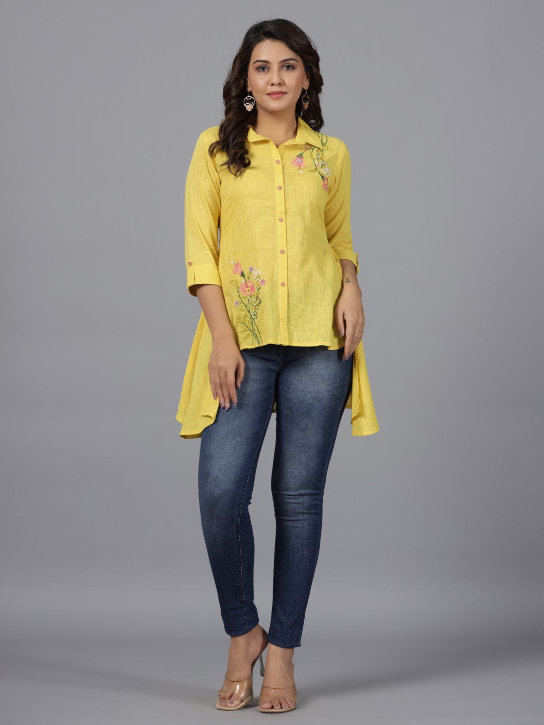 Juniper Yellow Floral Printed Cotton Slub Tunic With Thread Work