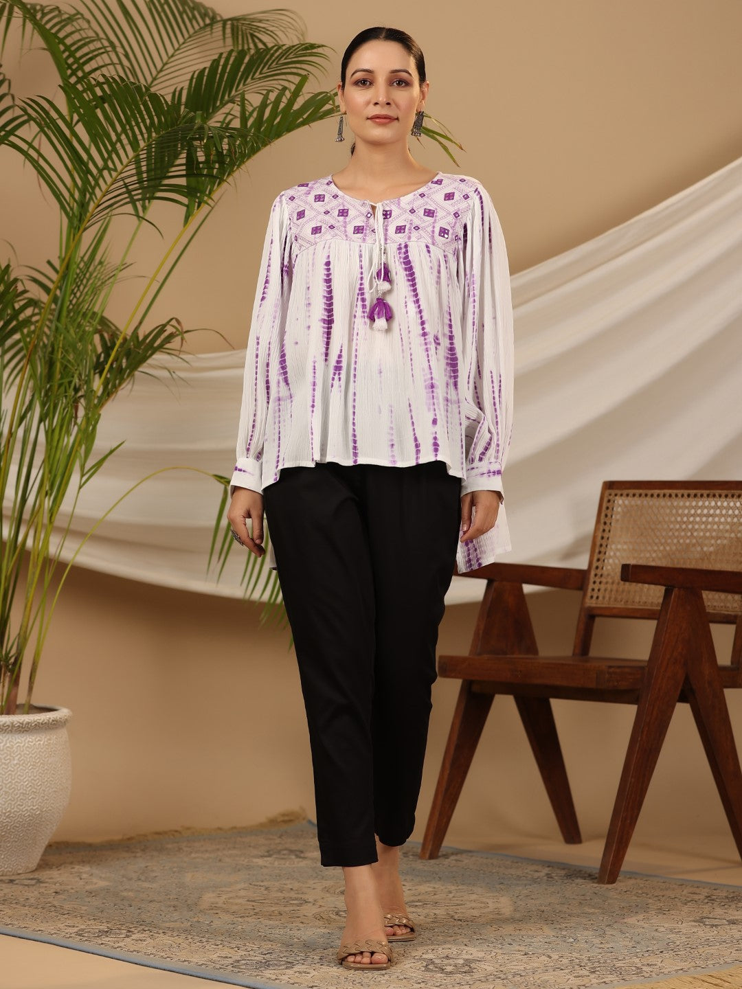 Juniper Women Lavender LIVA Rayon Crepe Embroidered Flared Tunic
