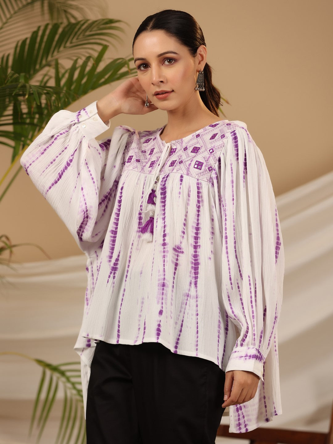 Juniper Women Lavender Rayon Crepe Embroidered Flared Tunic