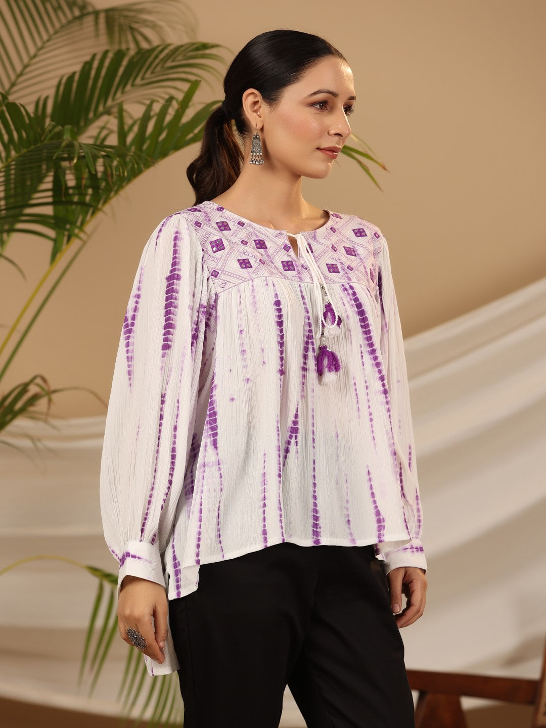 Juniper Women Lavender Rayon Crepe Embroidered Flared Tunic