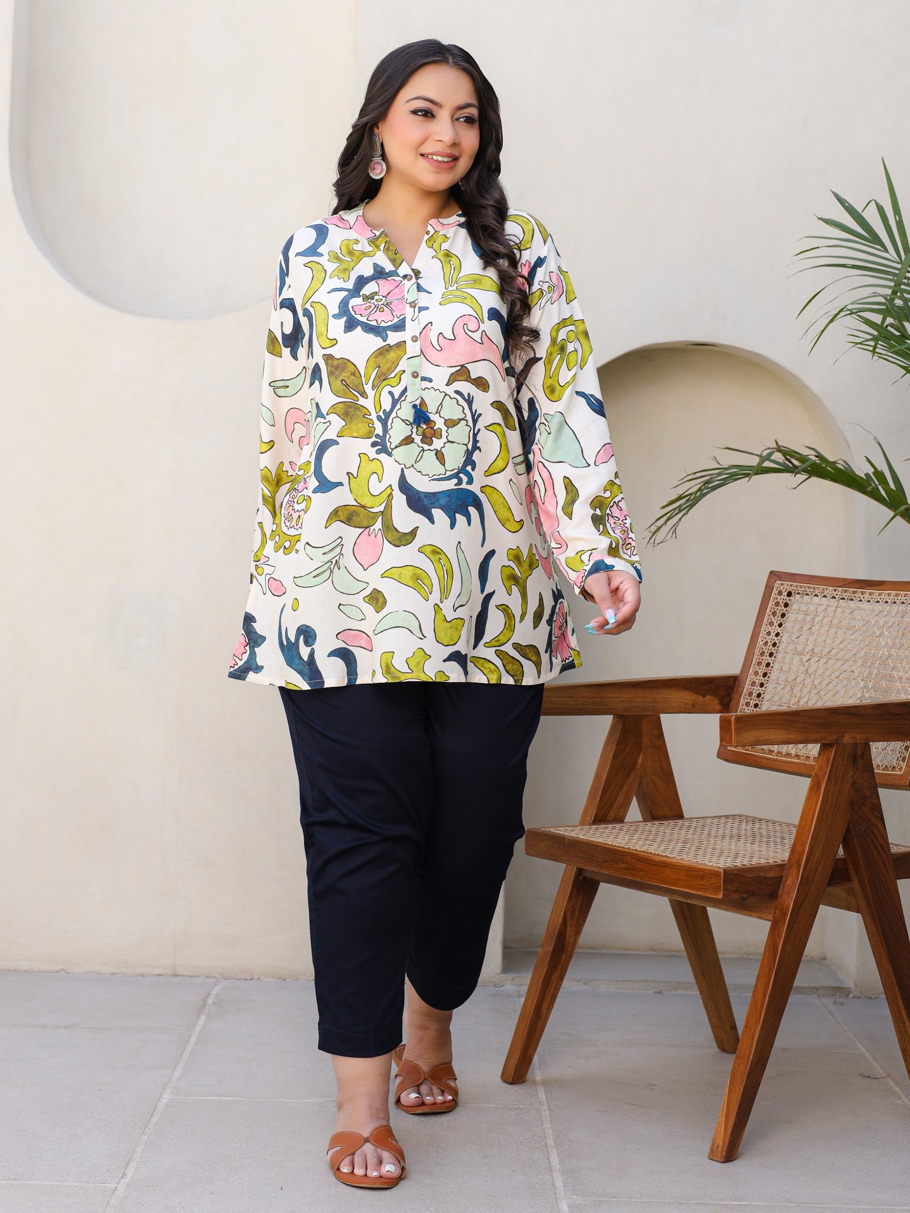 Juniper Multi-Coloured Abstract Printed A-Line Rayon Plus Size Tunic
