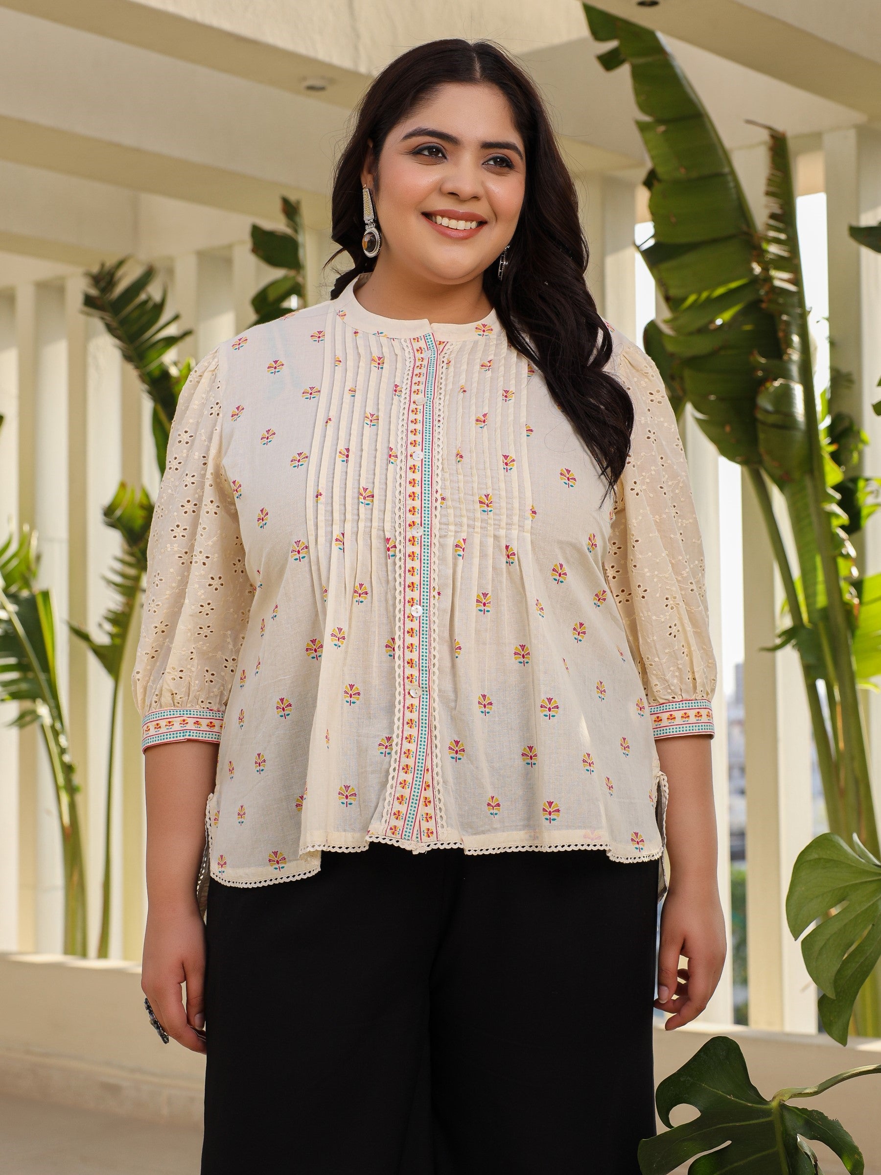Juniper Off-White Ethnic Motif Printed Cotton Plus Size High-Low Tunic With Pintucks & Lace