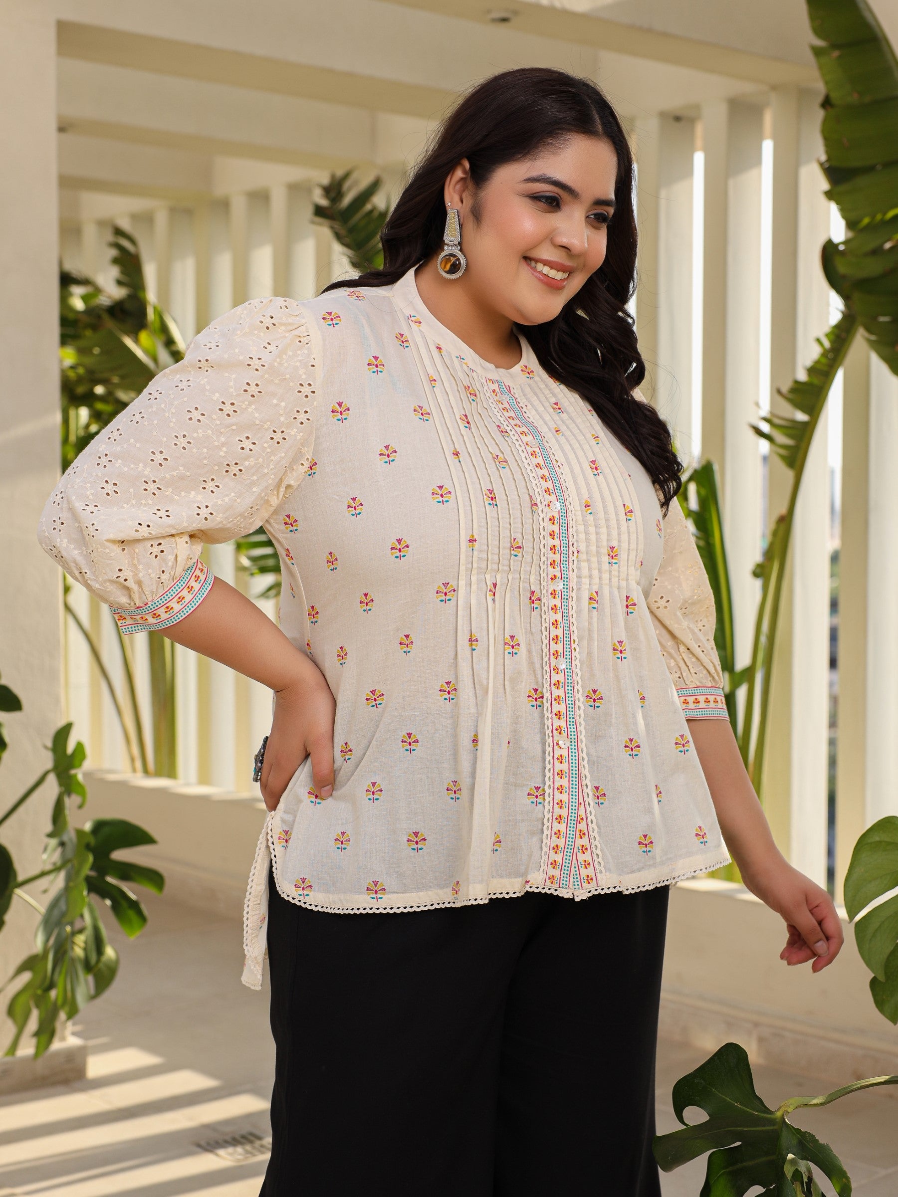 Juniper Off-White Ethnic Motif Printed Cotton Plus Size High-Low Tunic With Pintucks & Lace