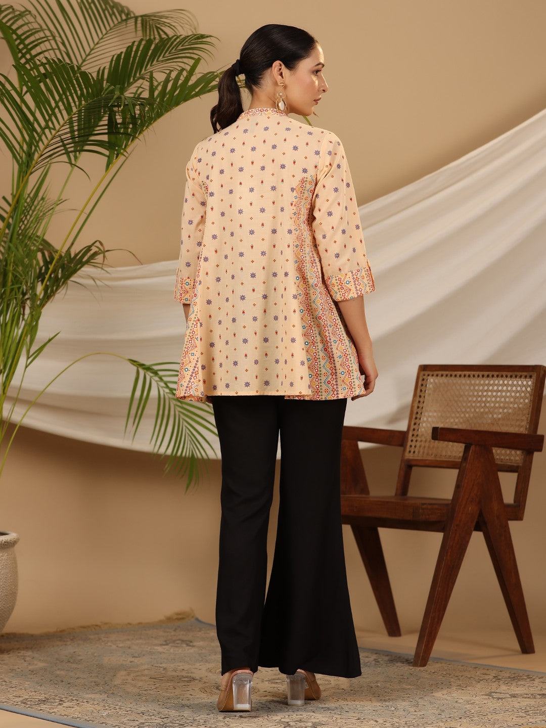 Juniper Women Peach Cotton Cambric Printed Flared Shirt