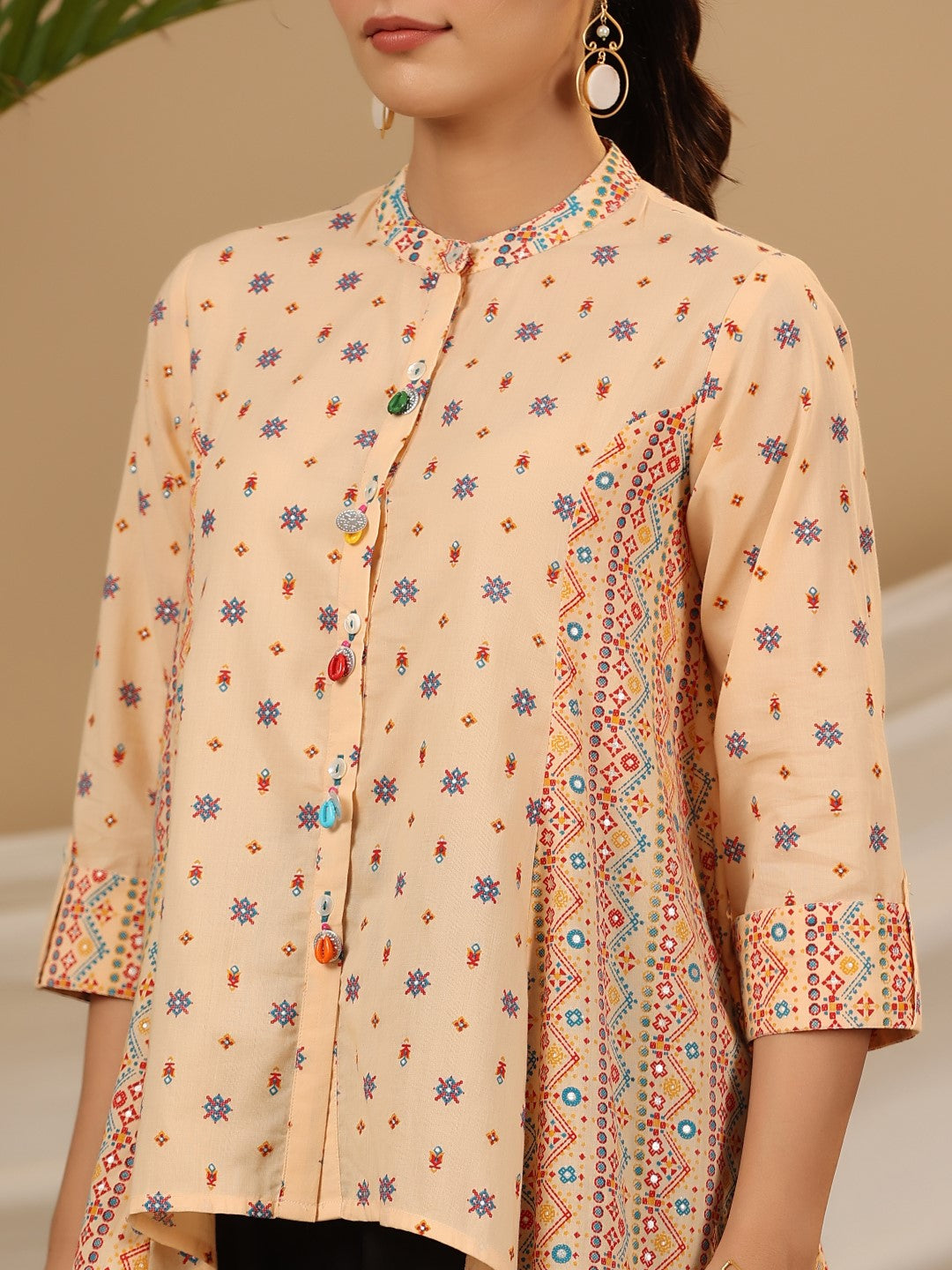 Juniper Women Peach Cotton Cambric Printed Flared Shirt