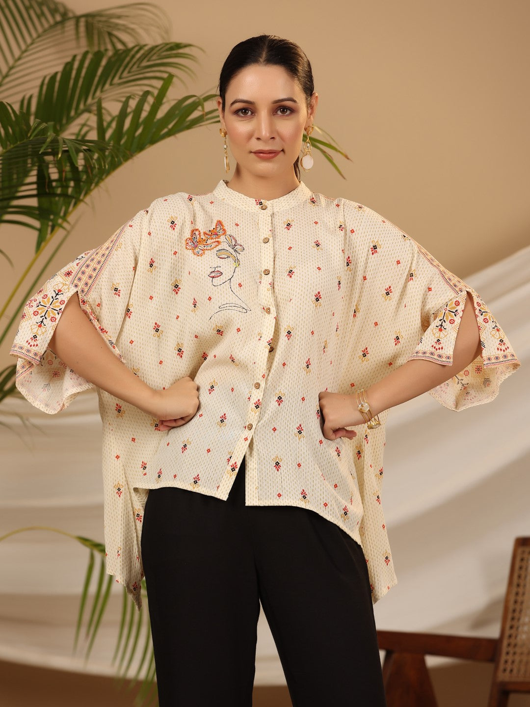 Juniper Off white Geometric Printed Rayon Crepe Shirt Style Tunic With Beads & Sequins Work
