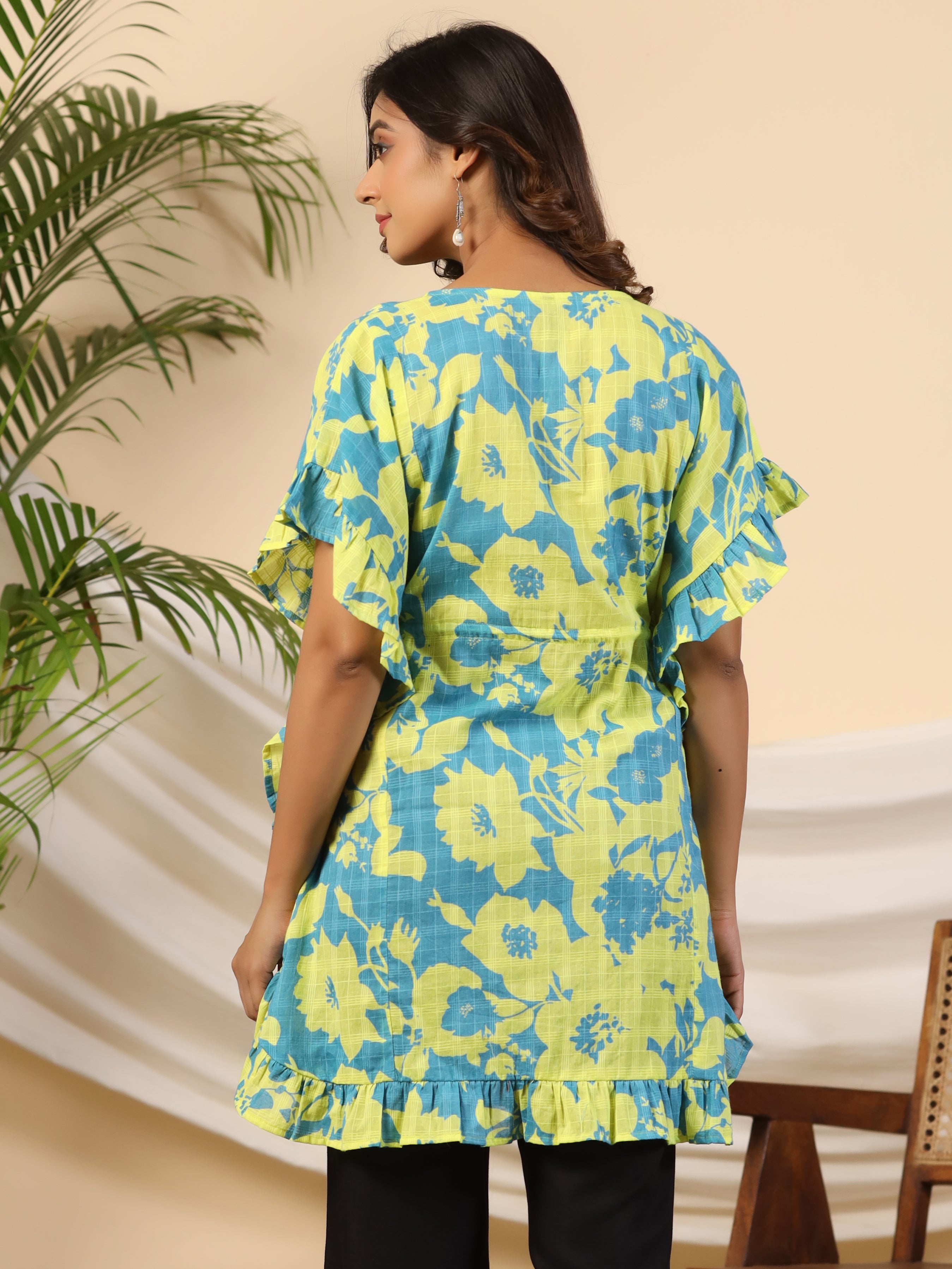 Juniper Women Turquoise & Yellow Cotton Dobby Printed Kaftan Tunic