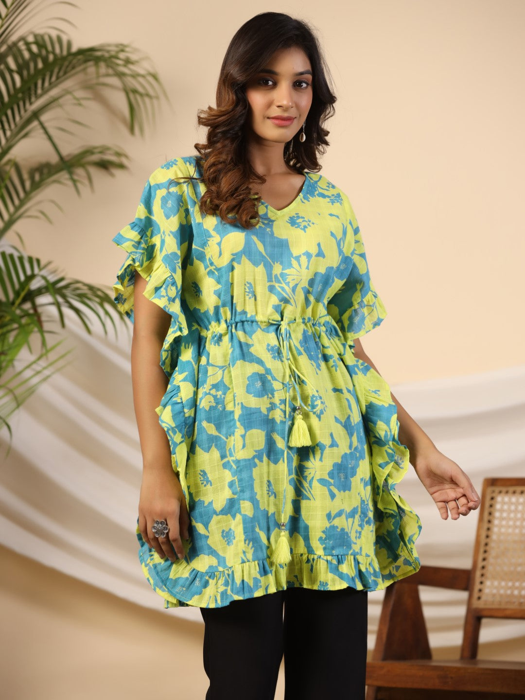 Turquoise & Yellow Cotton Dobby Printed Kaftan Tunic