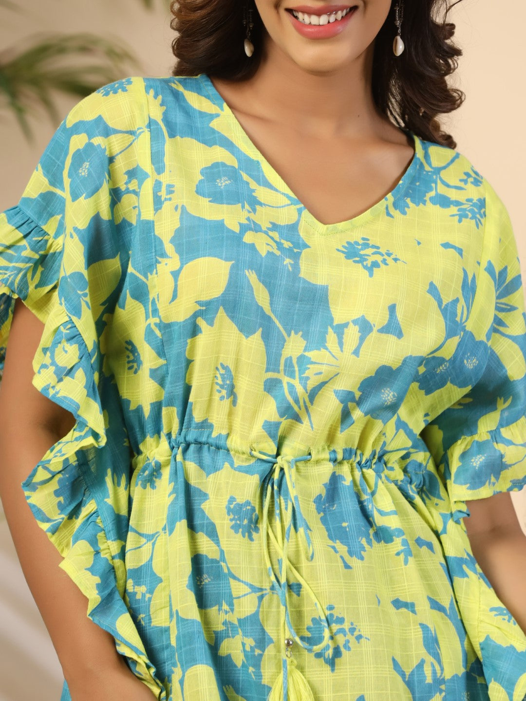 Turquoise & Yellow Cotton Dobby Printed Kaftan Tunic