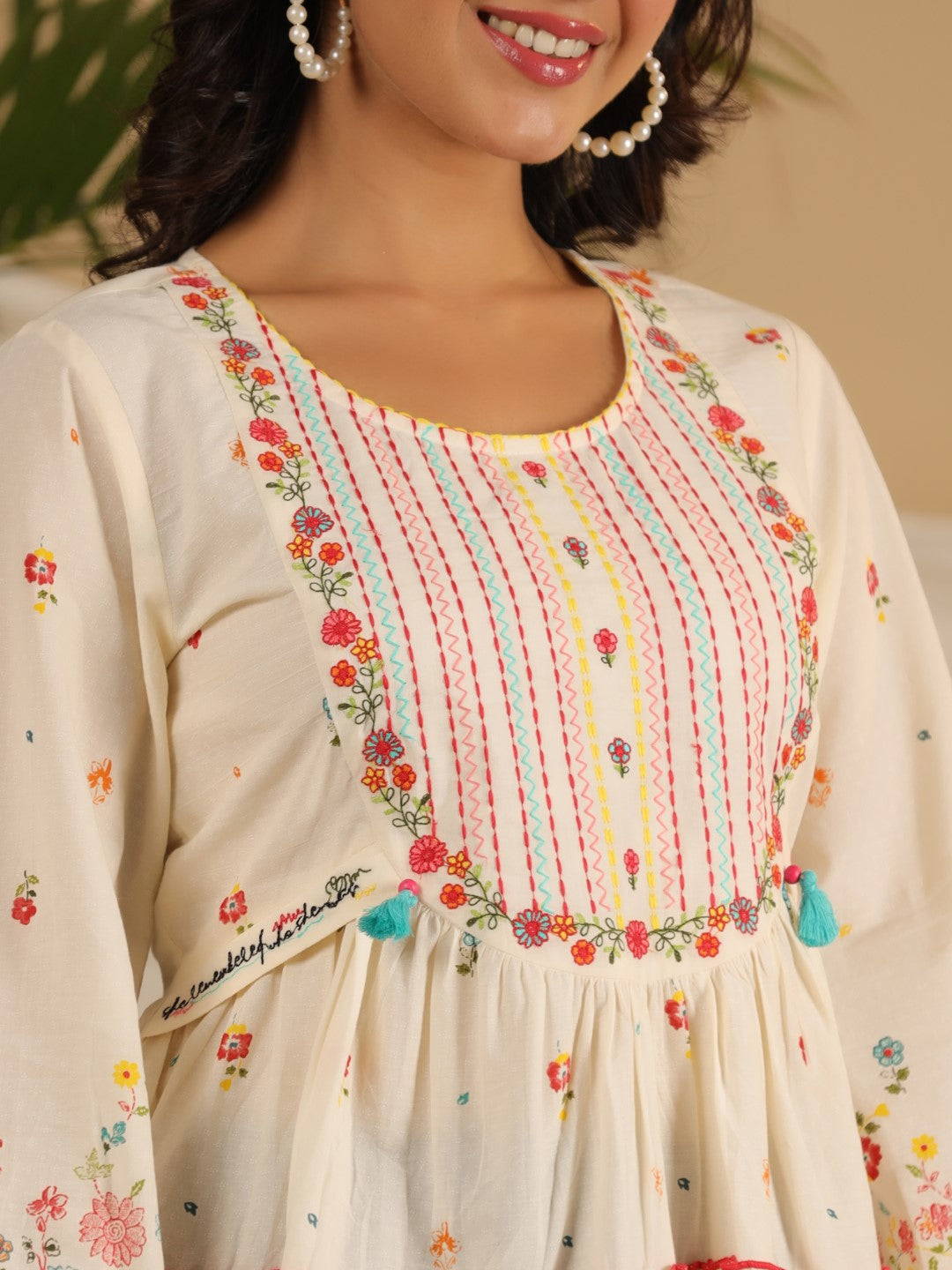 Juniper Women Off-White Cotton Cambric Printed with Embroidery Peplum Tunic