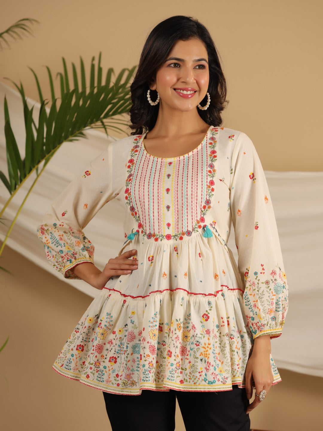 Juniper Women Off-White Cotton Cambric Printed with Embroidery Peplum Tunic