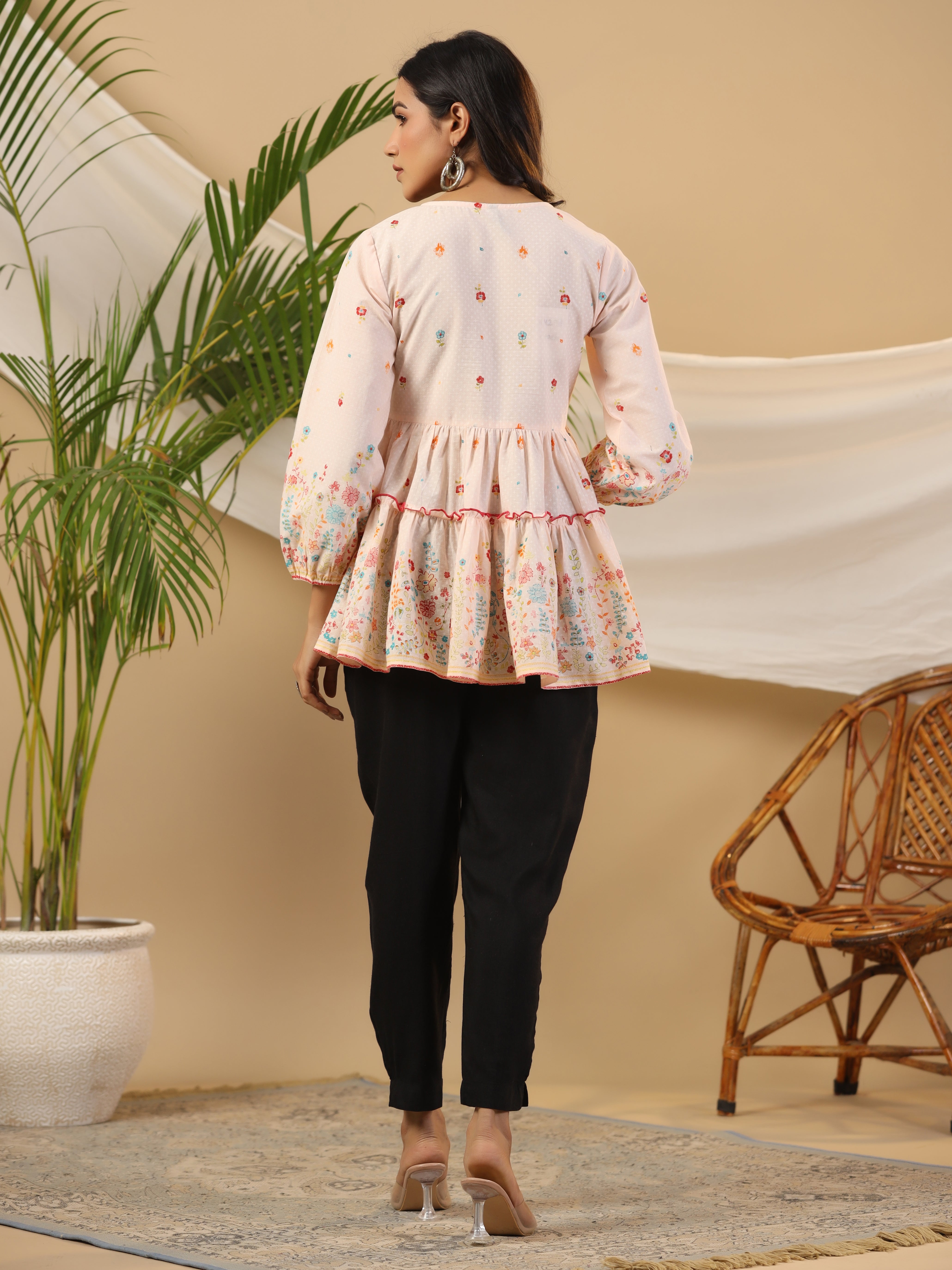 Juniper Women Peach Cotton Cambric Printed with Embroidery Peplum Tunic