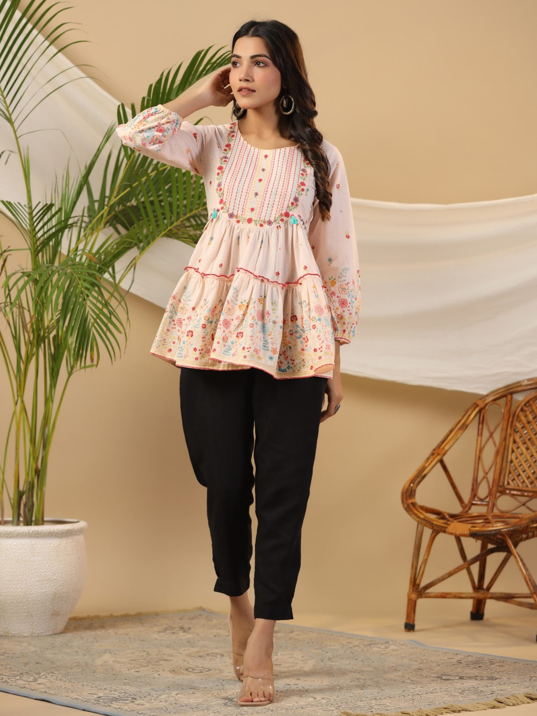 Juniper Women Peach Cotton Cambric Printed with Embroidery Peplum Tunic