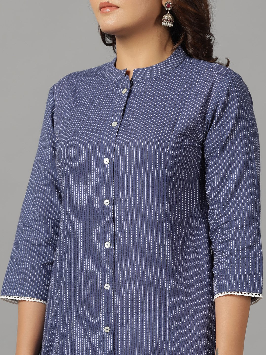 Juniper Navy Blue Stripped Cotton Dobby Kurta With Quarter-Sleeved Inner Layer