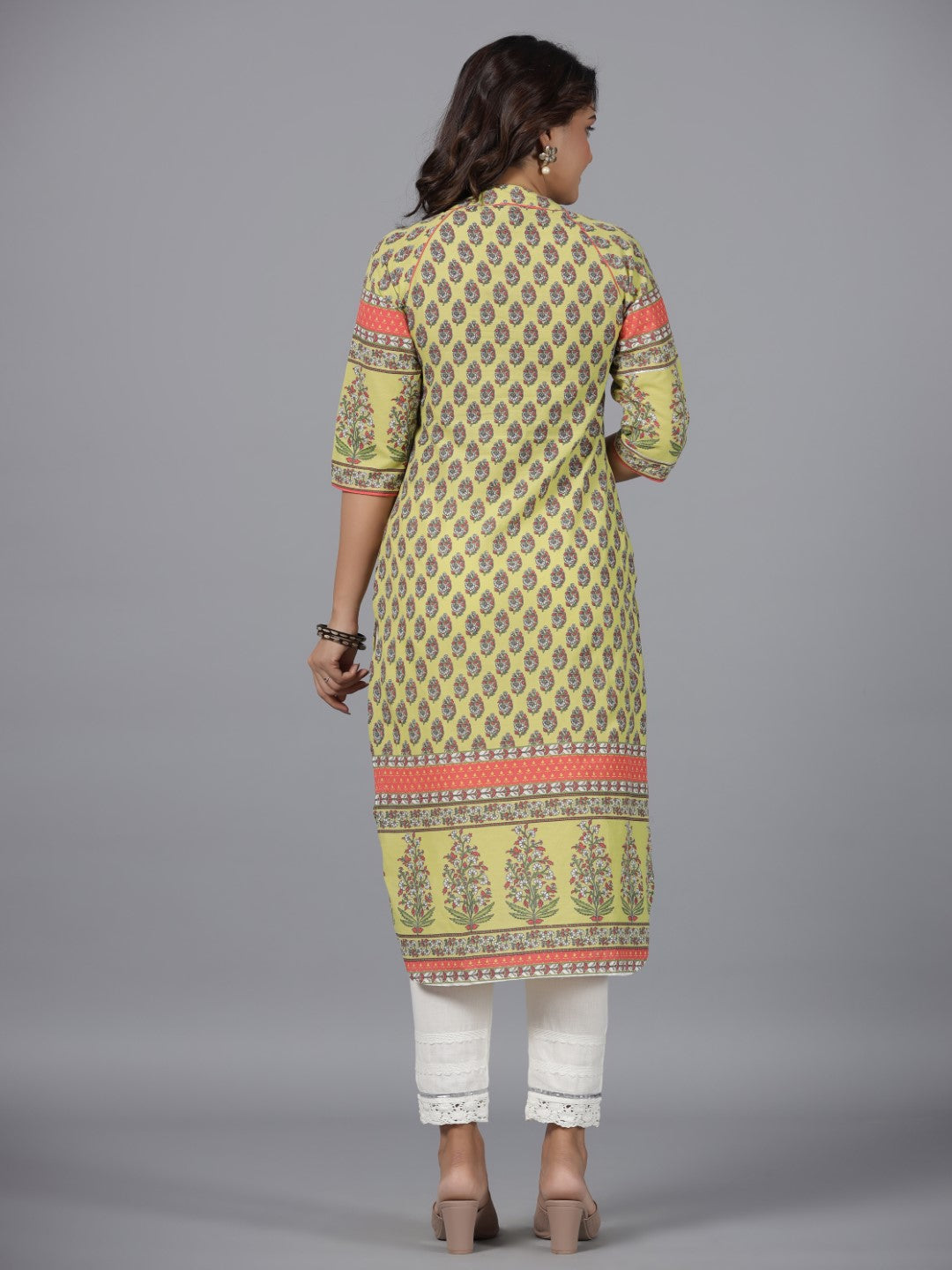 Juniper Women Lime Green Ethnic Motif Printed High Low Cotton Kurta With Kaudis Tassels & Contract Piping