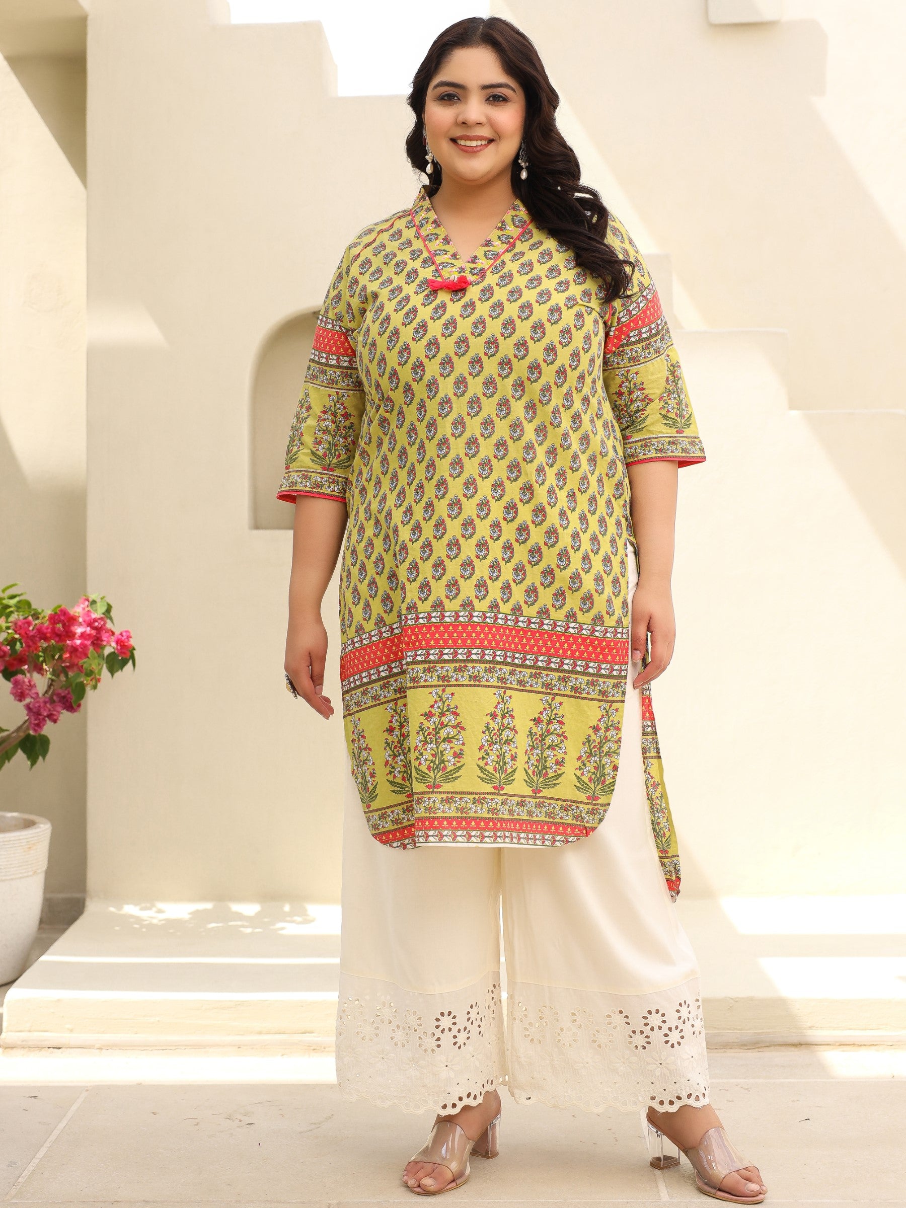 The Madhubala Women Lime Green Ethnic Motif Printed High Low Cotton Plus Size Kurta With Kaudis Tassels & Contract Piping