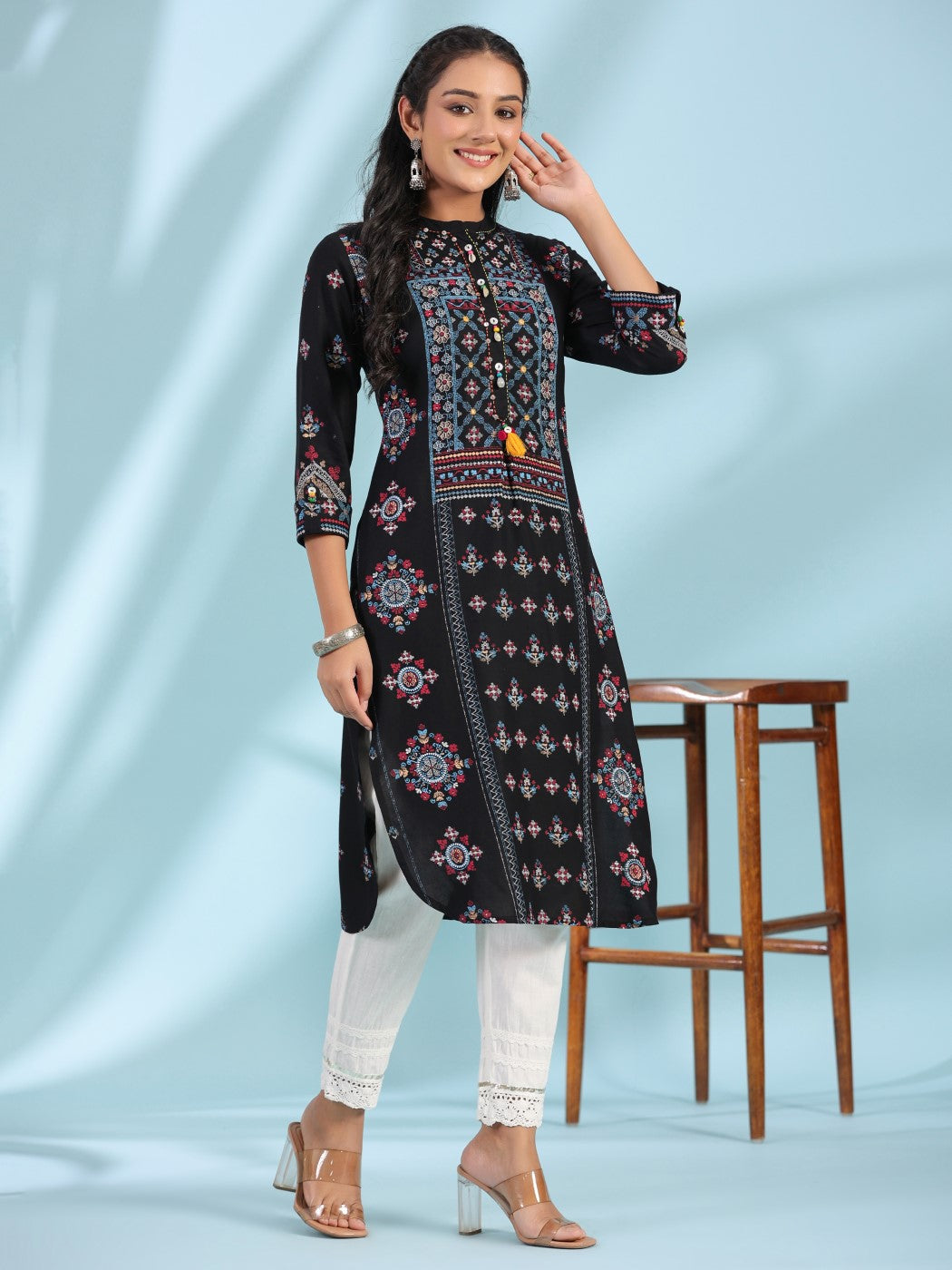 Black Ethnic Motif Printed Rayon Calf Length Straight Kurta With Kaudis Kantha Work & Sequins