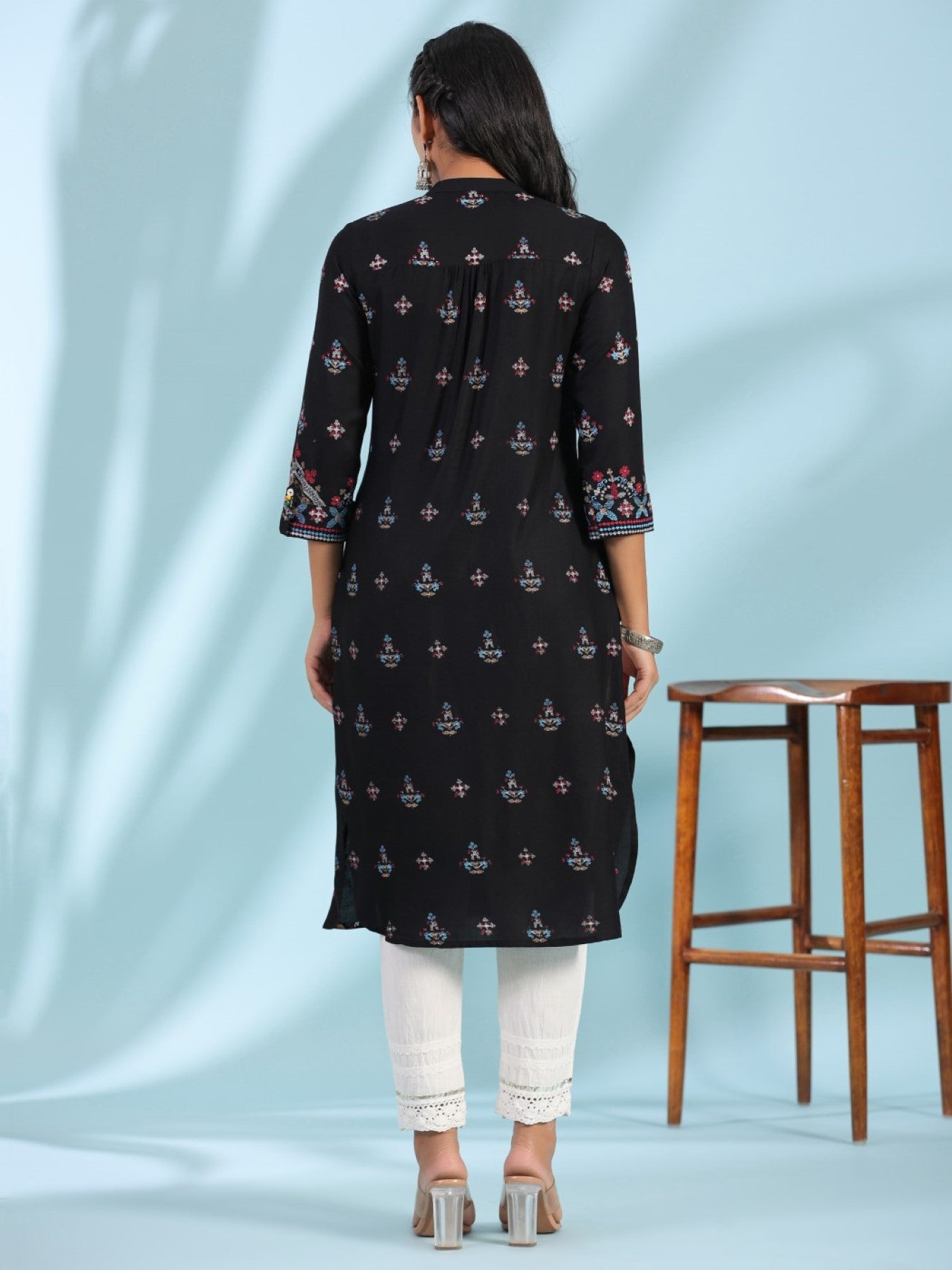 Black Ethnic Motif Printed Rayon Calf Length Straight Kurta With Kaudis Kantha Work & Sequins