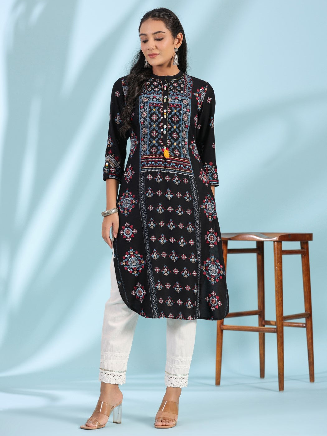 Black Ethnic Motif Printed Rayon Calf Length Straight Kurta With Kaudis Kantha Work & Sequins