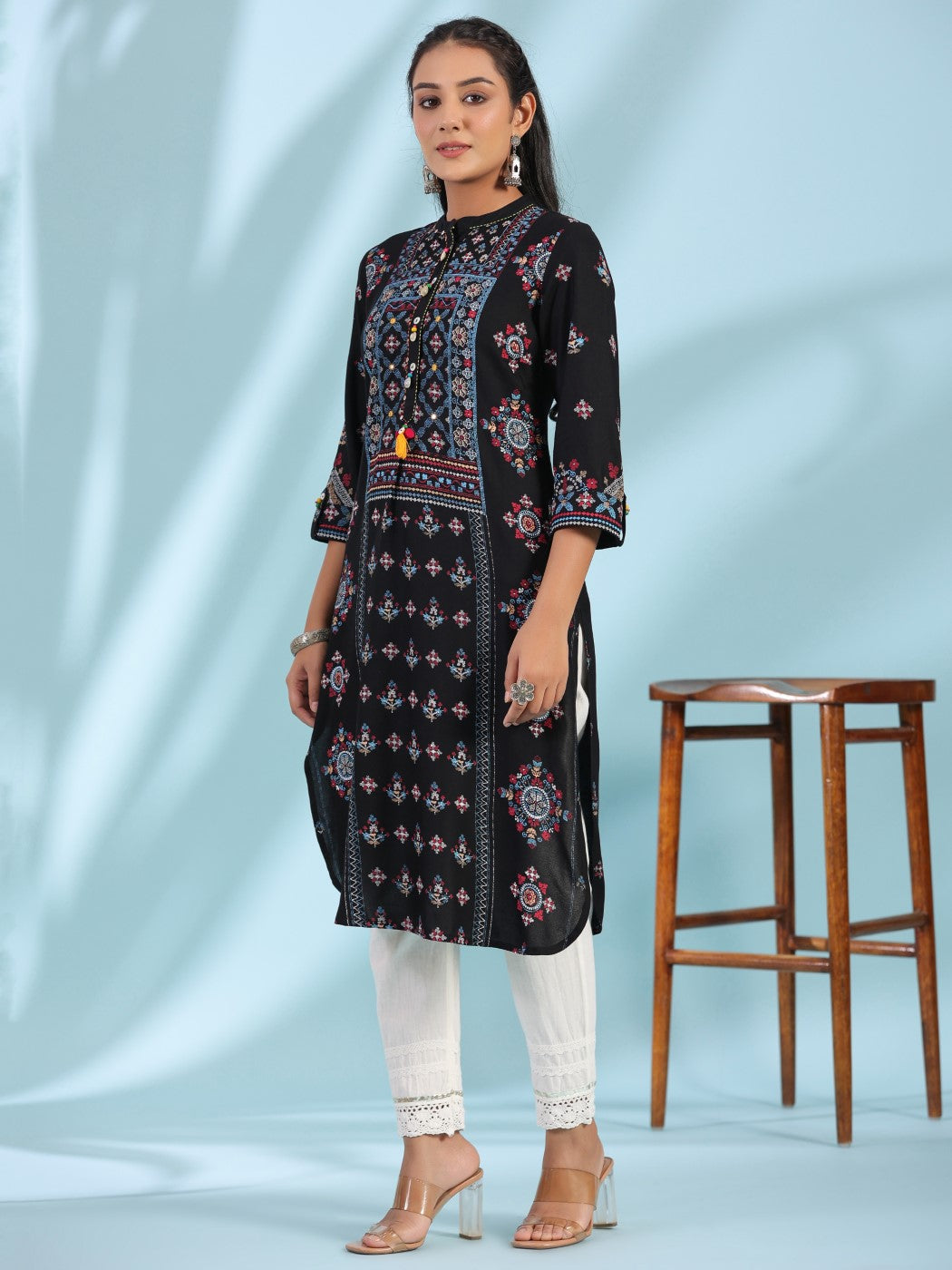 Black Ethnic Motif Printed Rayon Calf Length Straight Kurta With Kaudis Kantha Work & Sequins