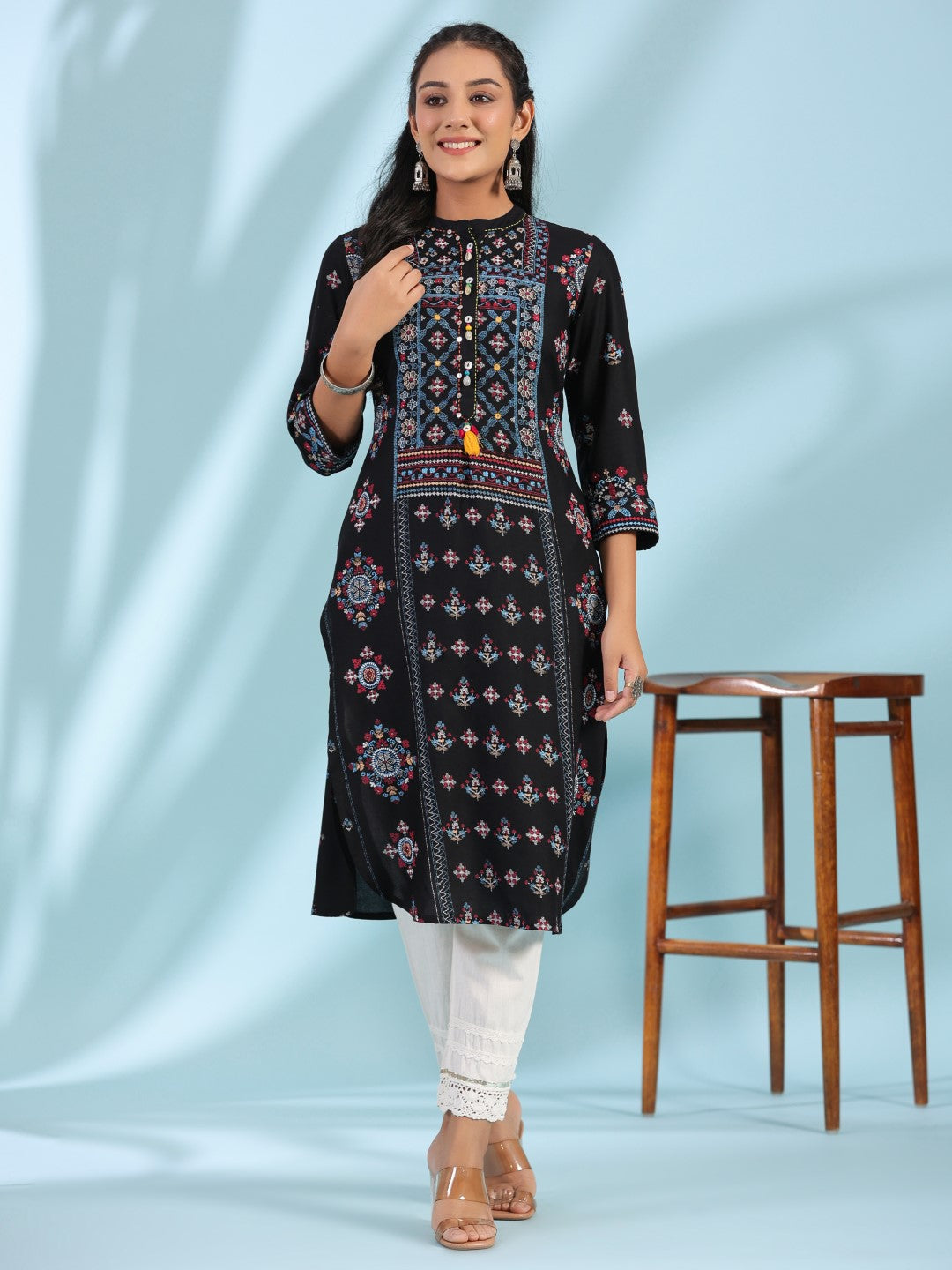 Black Ethnic Motif Printed Rayon Calf Length Straight Kurta With Kaudis Kantha Work & Sequins