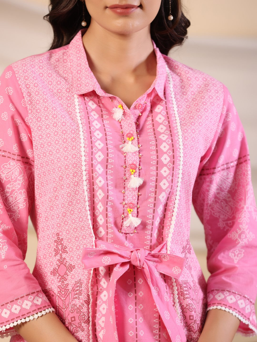 Juniper Women Pink Cotton Cambric Printed Straight Kurta