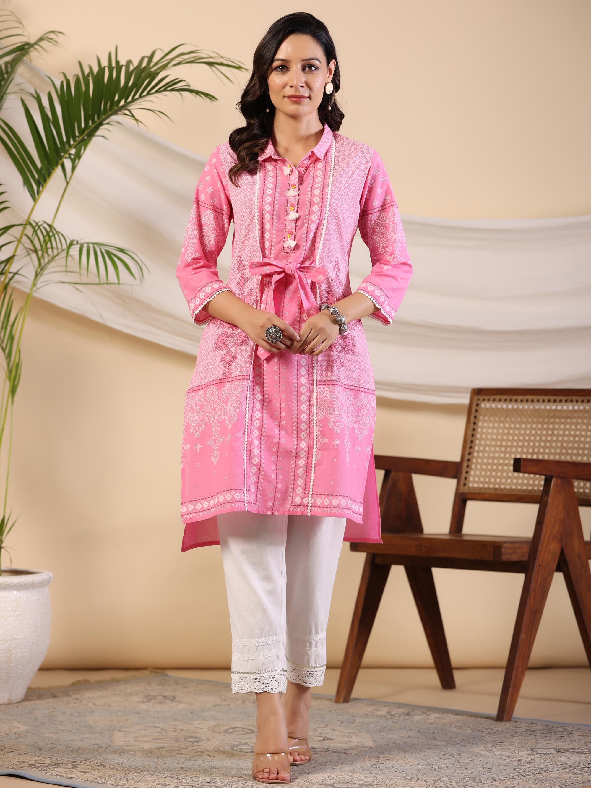 The Dhara Tie-Up Pink Geometric Printed Cotton Fusion Kurta With Contest 3D Beadwork & Tassels