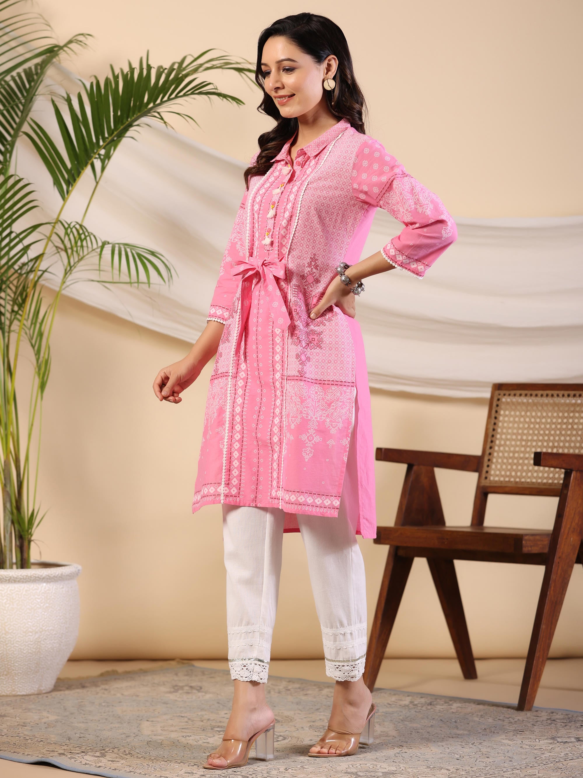 The Dhara Tie-Up Pink Geometric Printed Cotton Fusion Kurta With Contest 3D Beadwork & Tassels