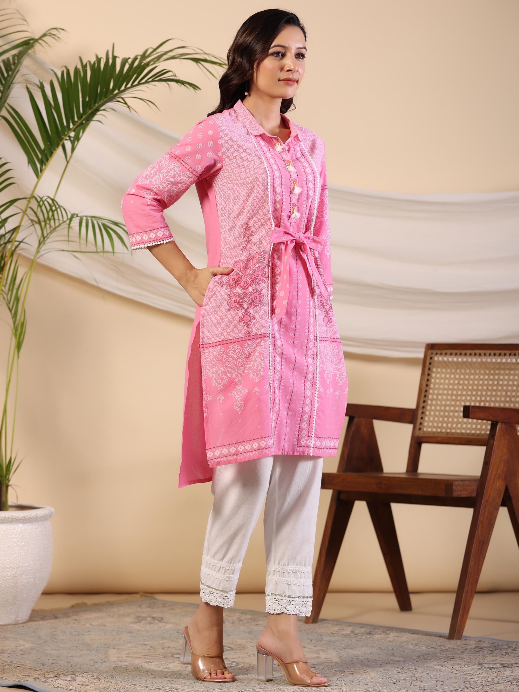 The Dhara Tie-Up Pink Geometric Printed Cotton Fusion Kurta With Contest 3D Beadwork & Tassels