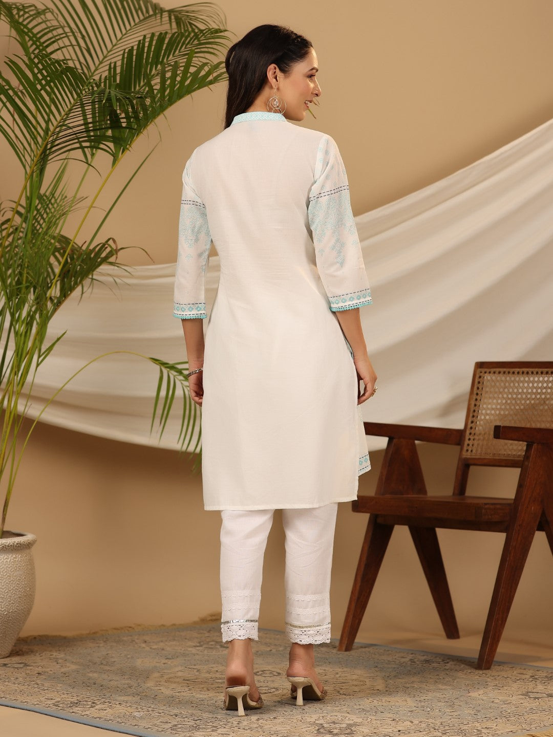 Juniper The Dhara Tie-Up Sky Blue Geometric Printed Cotton Fusion Kurta With Contest 3D Beadwork & Tassels