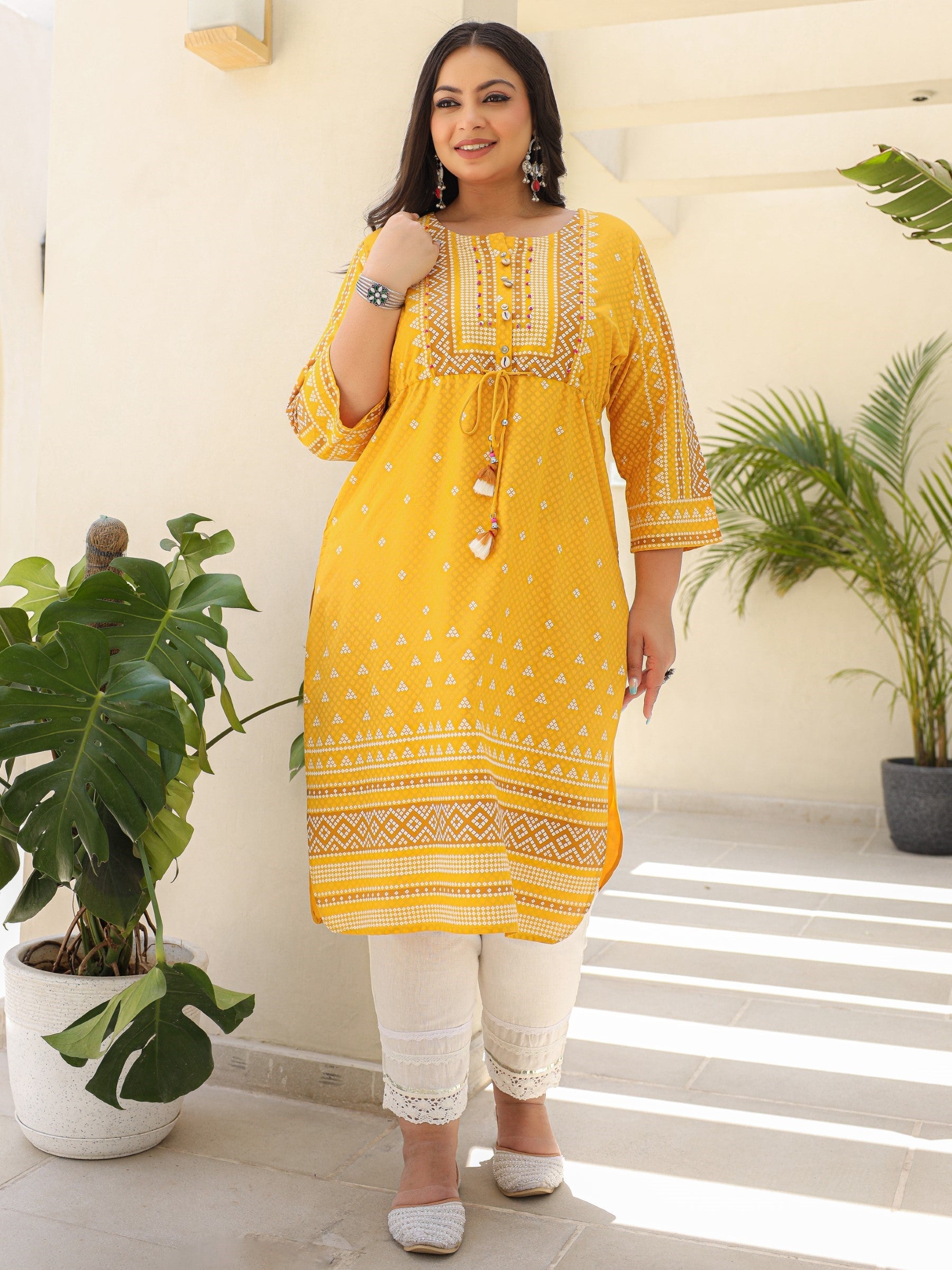 Juniper The Madhubala Women Mustard Geometric Printed Rayon Plus Size Kurta With Contrast Beadwork Sequins & Tassels