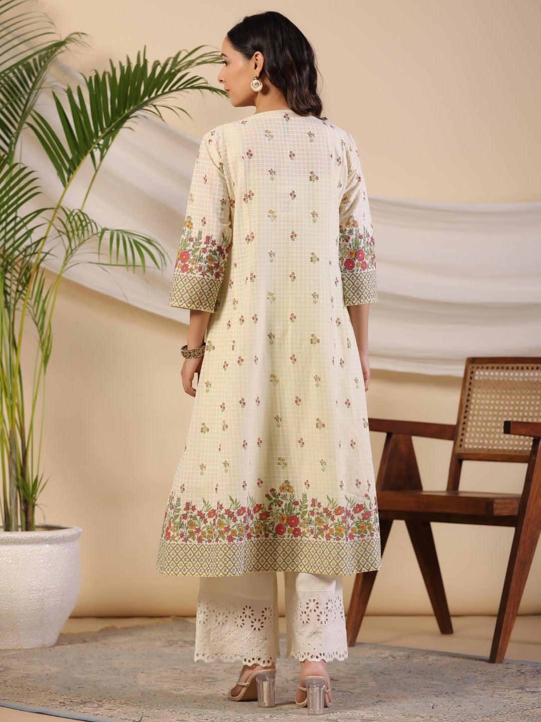 Juniper Women Lime Green Cotton Voile Printed A-line Kurta with Jacket