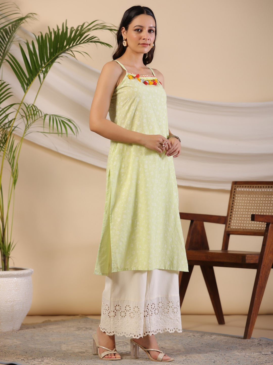 Juniper Women Lime Green Cotton Voile Printed A-line Kurta with Jacket