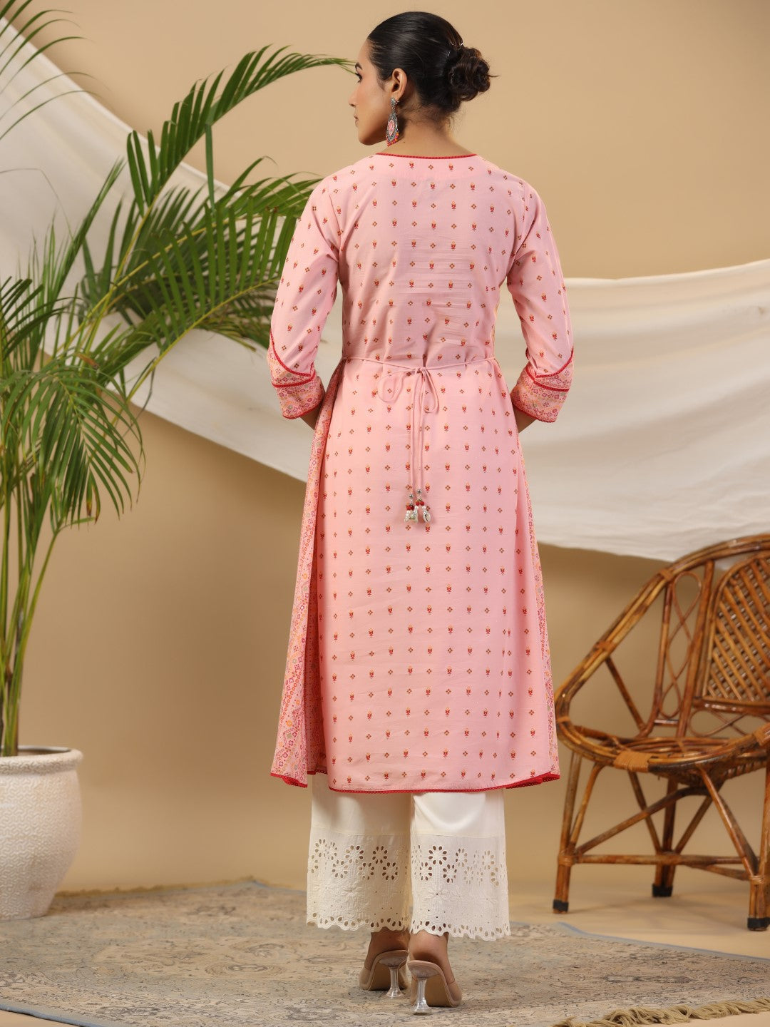 Juniper Pink Tribal Printed Pure Cotton Kurta With Beads & Sequins Work