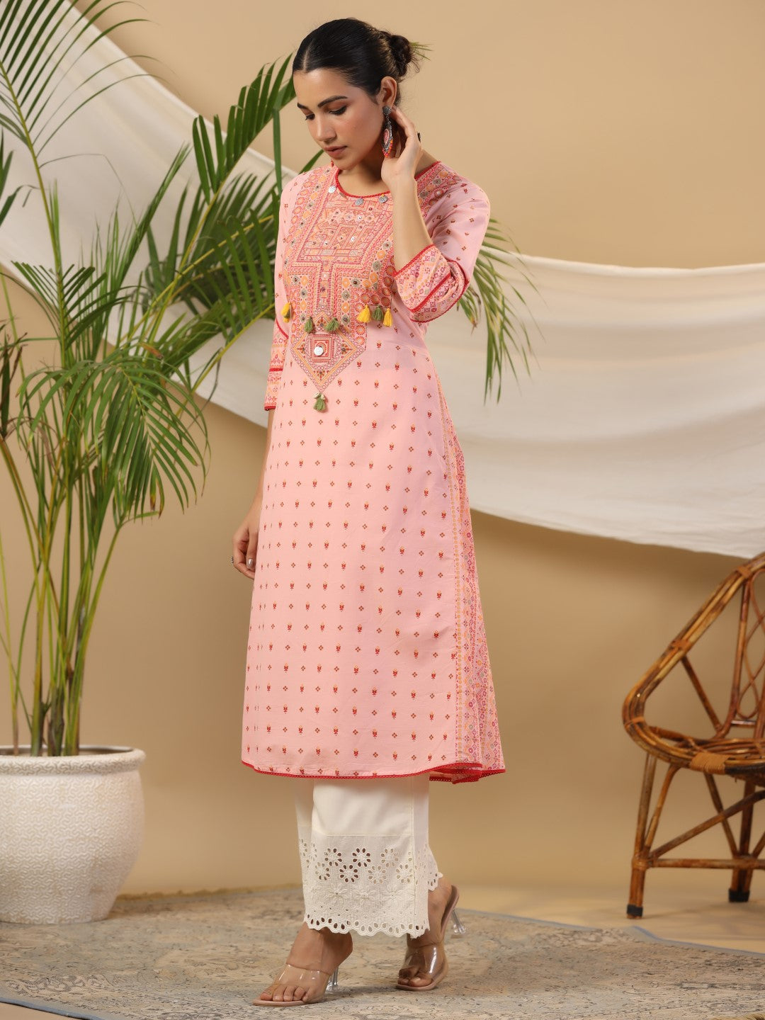 Juniper Pink Tribal Printed Pure Cotton Kurta With Beads & Sequins Work