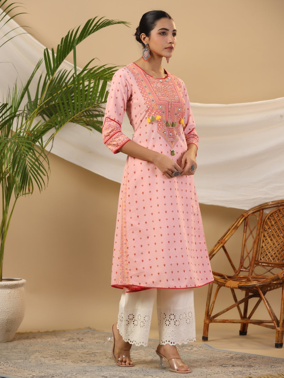 Juniper Pink Tribal Printed Pure Cotton Kurta With Beads & Sequins Work