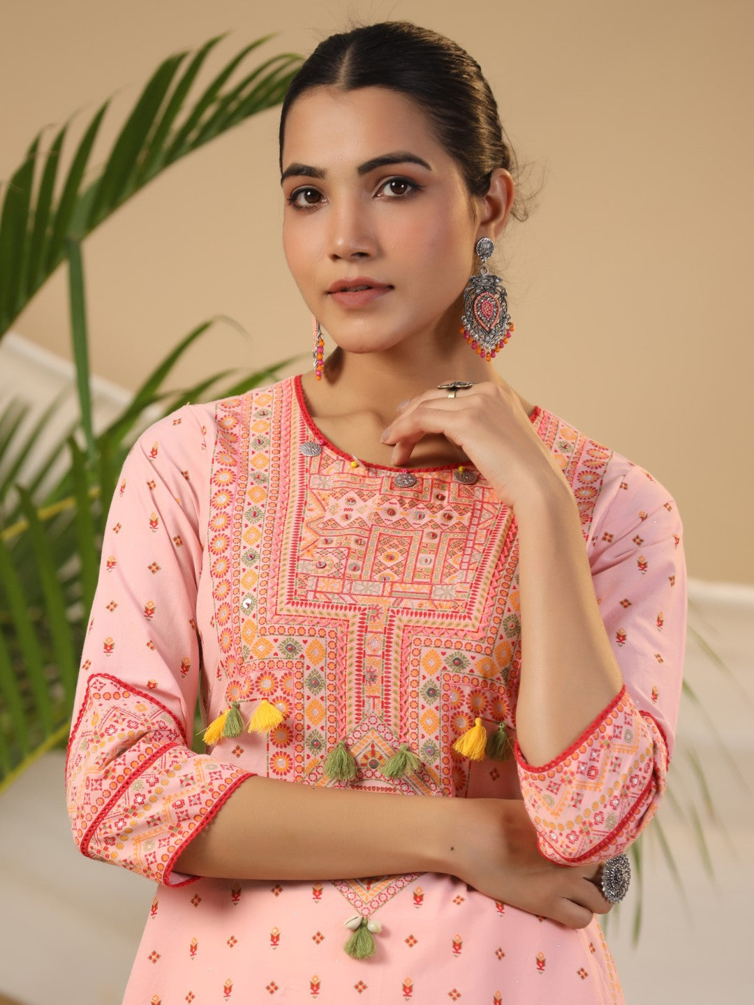 Juniper Pink Tribal Printed Pure Cotton Kurta With Beads & Sequins Work