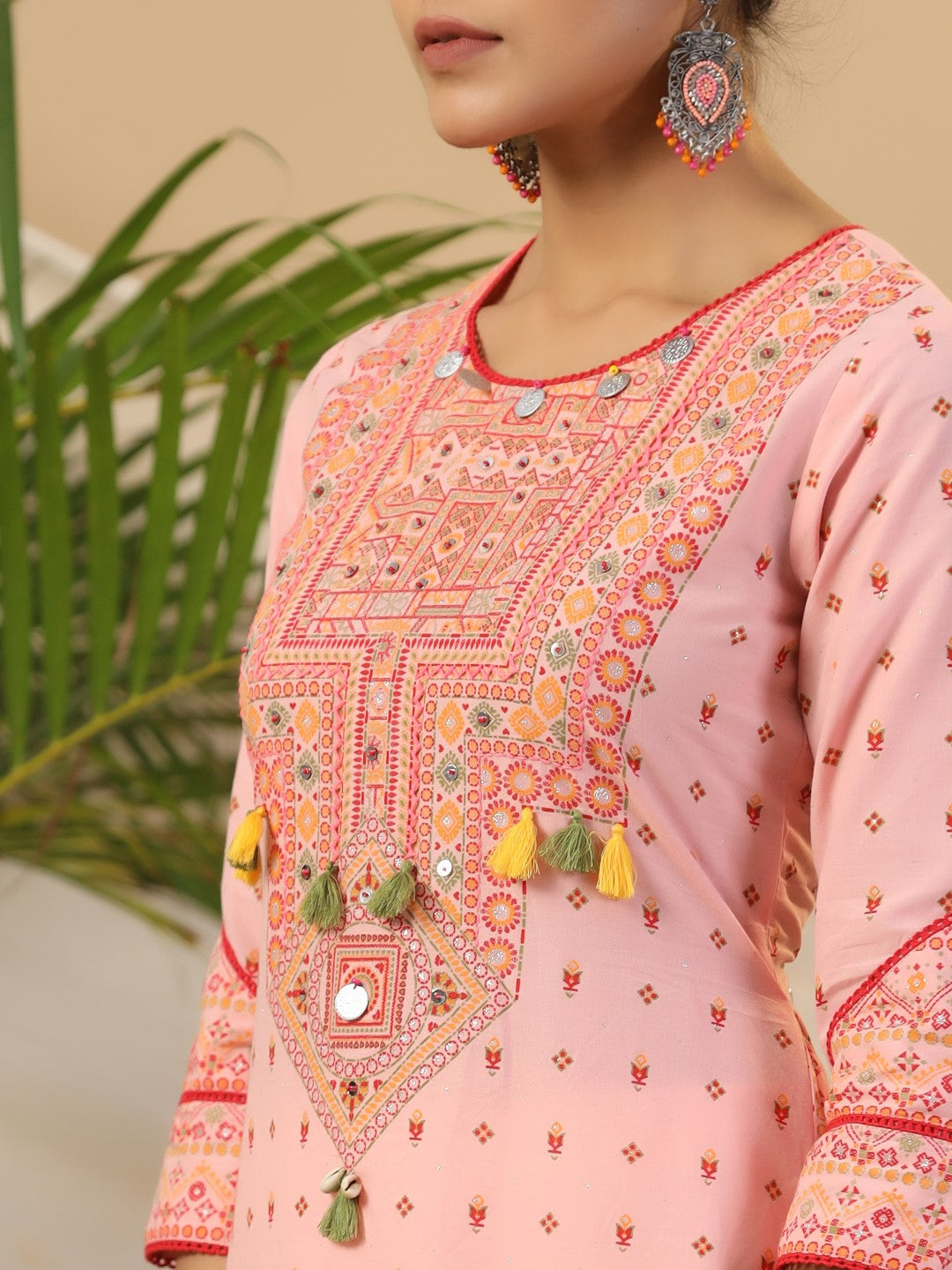 Juniper Pink Tribal Printed Pure Cotton Kurta With Beads & Sequins Work