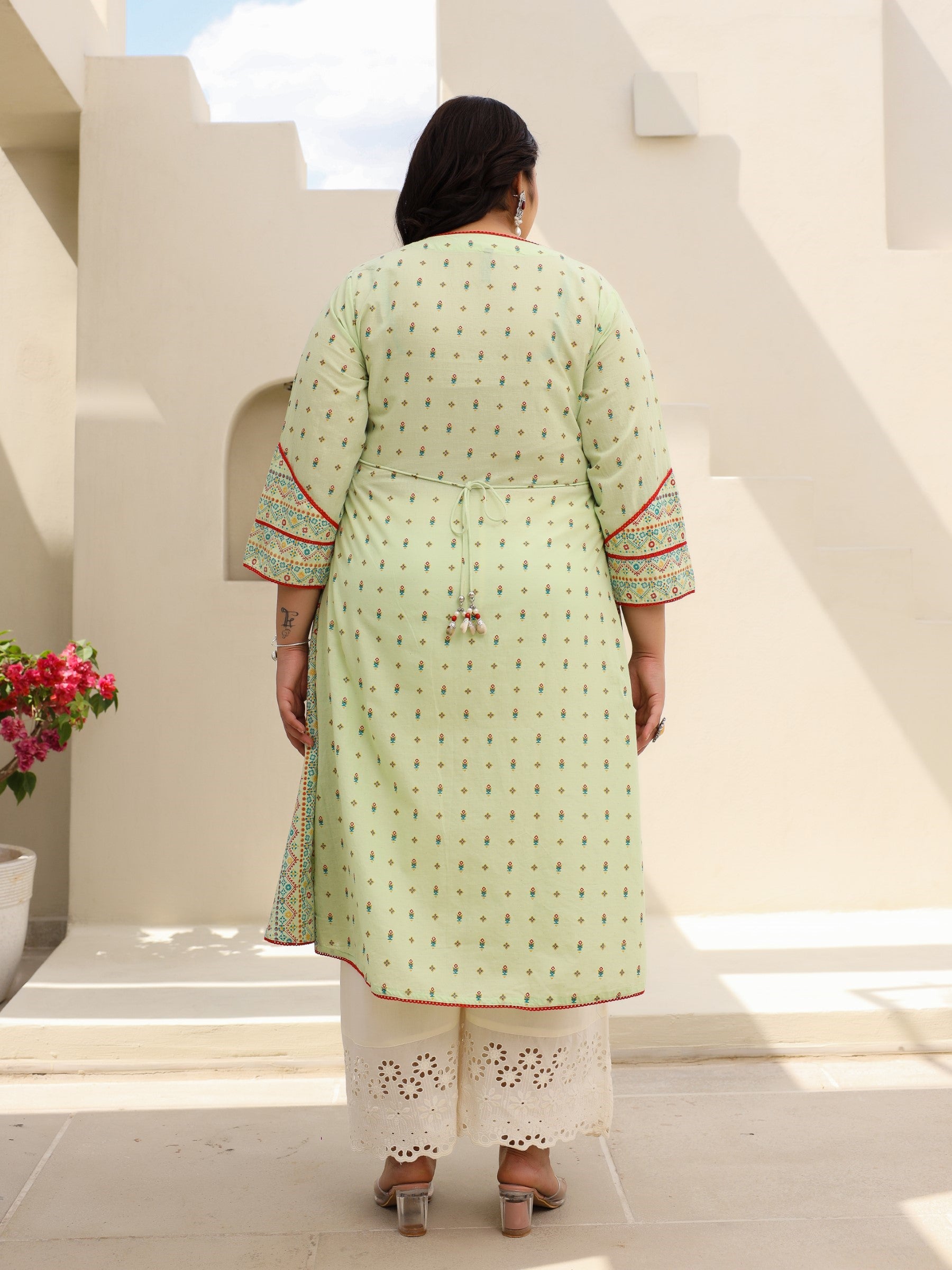 Pure Cotton Sage Green Tribal Multicolour Printed Plus Size A-Line Kurta With Contrast Beads Sequins Kaudis & Tassels