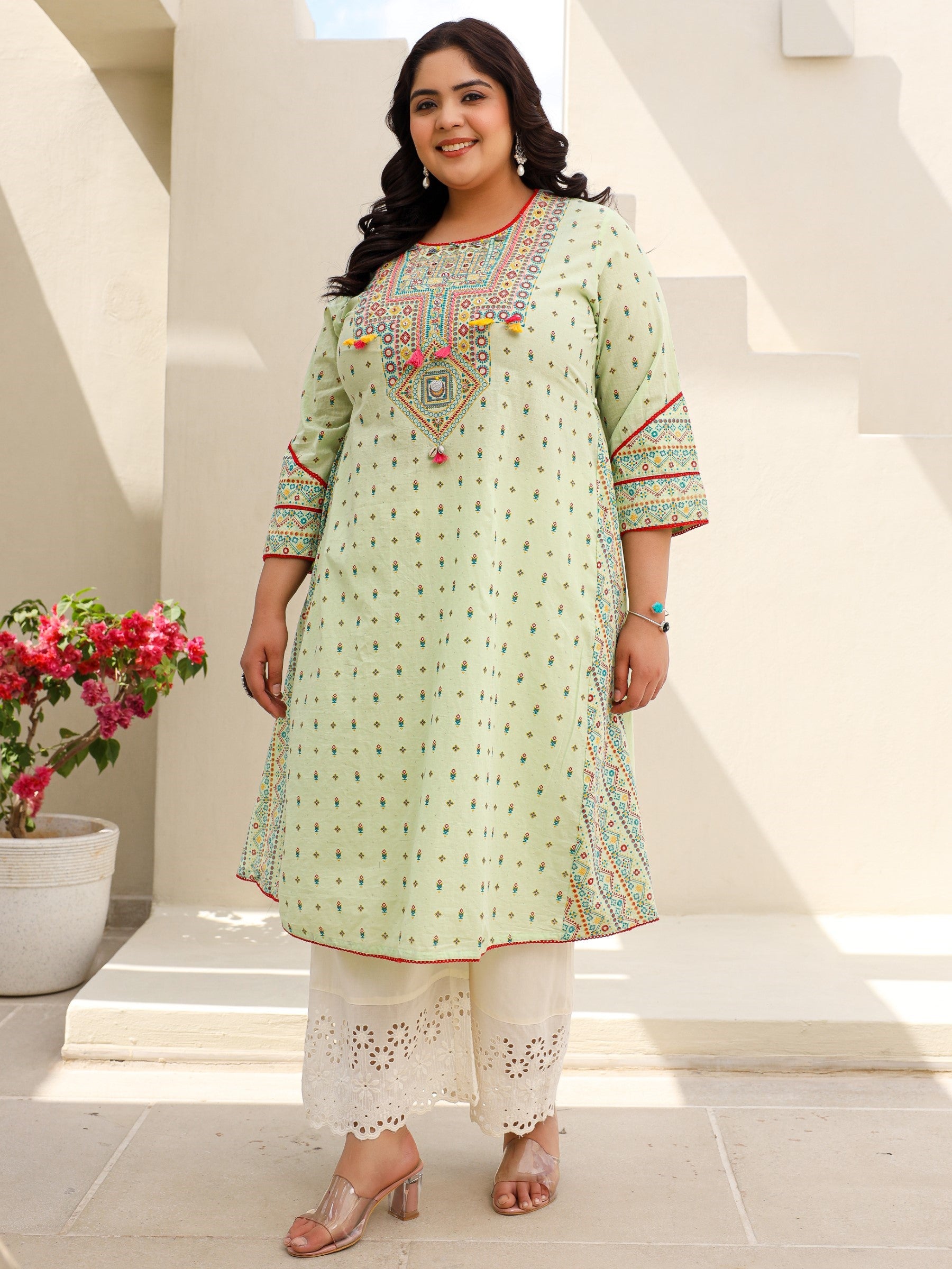 Pure Cotton Sage Green Tribal Multicolour Printed Plus Size A-Line Kurta With Contrast Beads Sequins Kaudis & Tassels