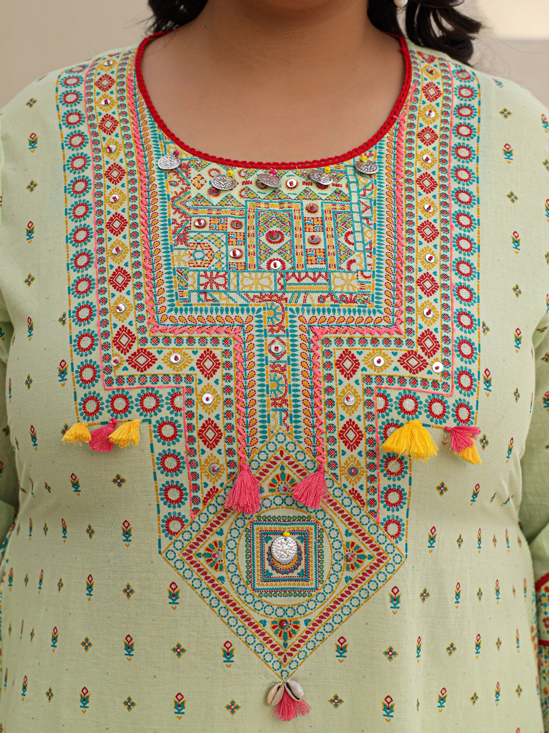Juniper Pure Cotton Sage Green Tribal Multicolour Printed Plus Size A-Line Kurta With Contrast Beads Sequins Kaudis & Tassels