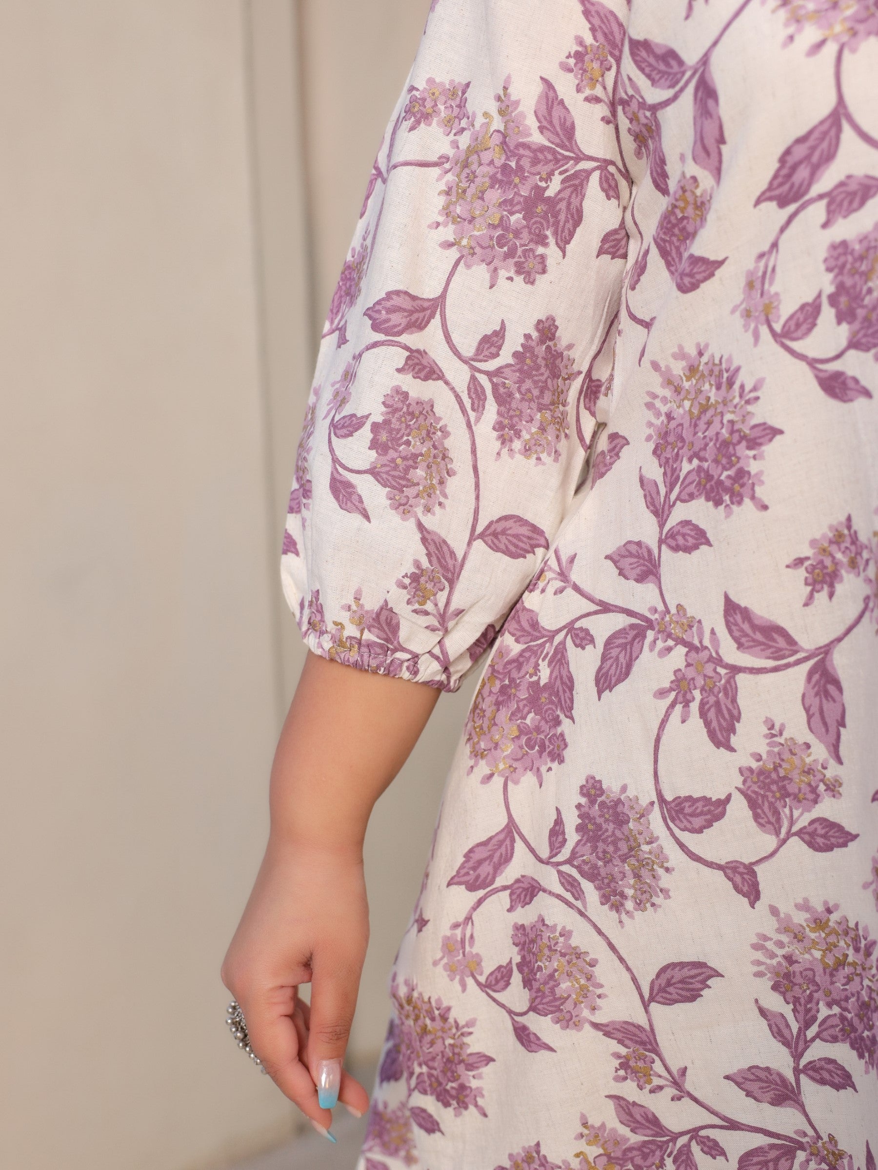 Lavender Floral Printed & Asymmetric Cotton Flex Plus Size Kurta With Beads & Sequins