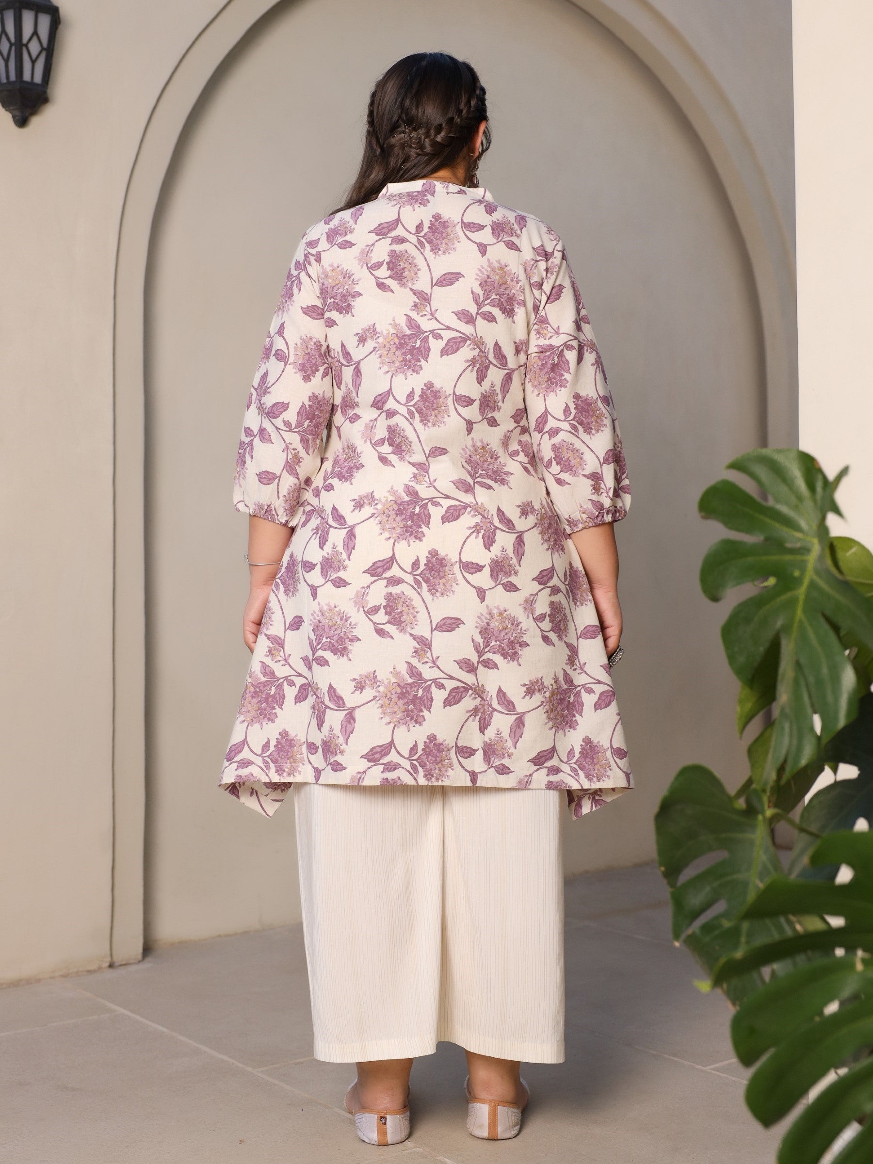 Lavender Floral Printed & Asymmetric Cotton Flex Plus Size Kurta With Beads & Sequins