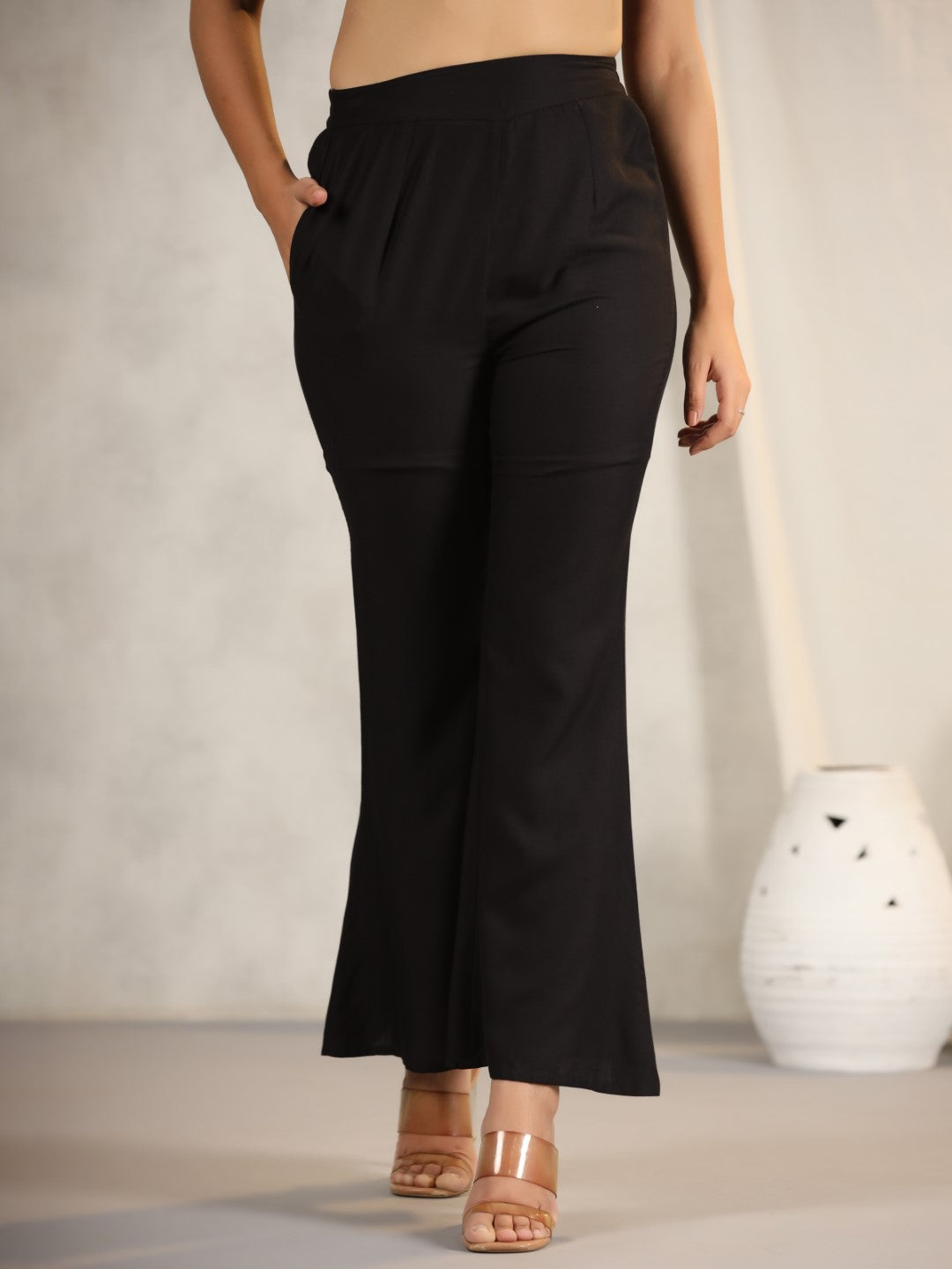 Juniper Black Modal Rayon Women Partially Elasticated Bell Bottom Pants With Single Side Pocket